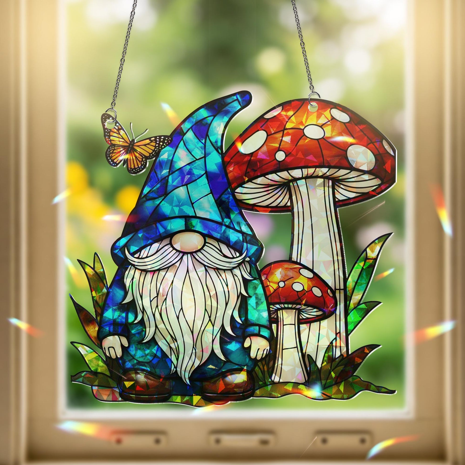 Whimsical Gnome and Mushroom Hologram Acrylic Window Hanging – Fairy Garden Decor, Gift for Gnome Lovers, Fantasy Home Decor