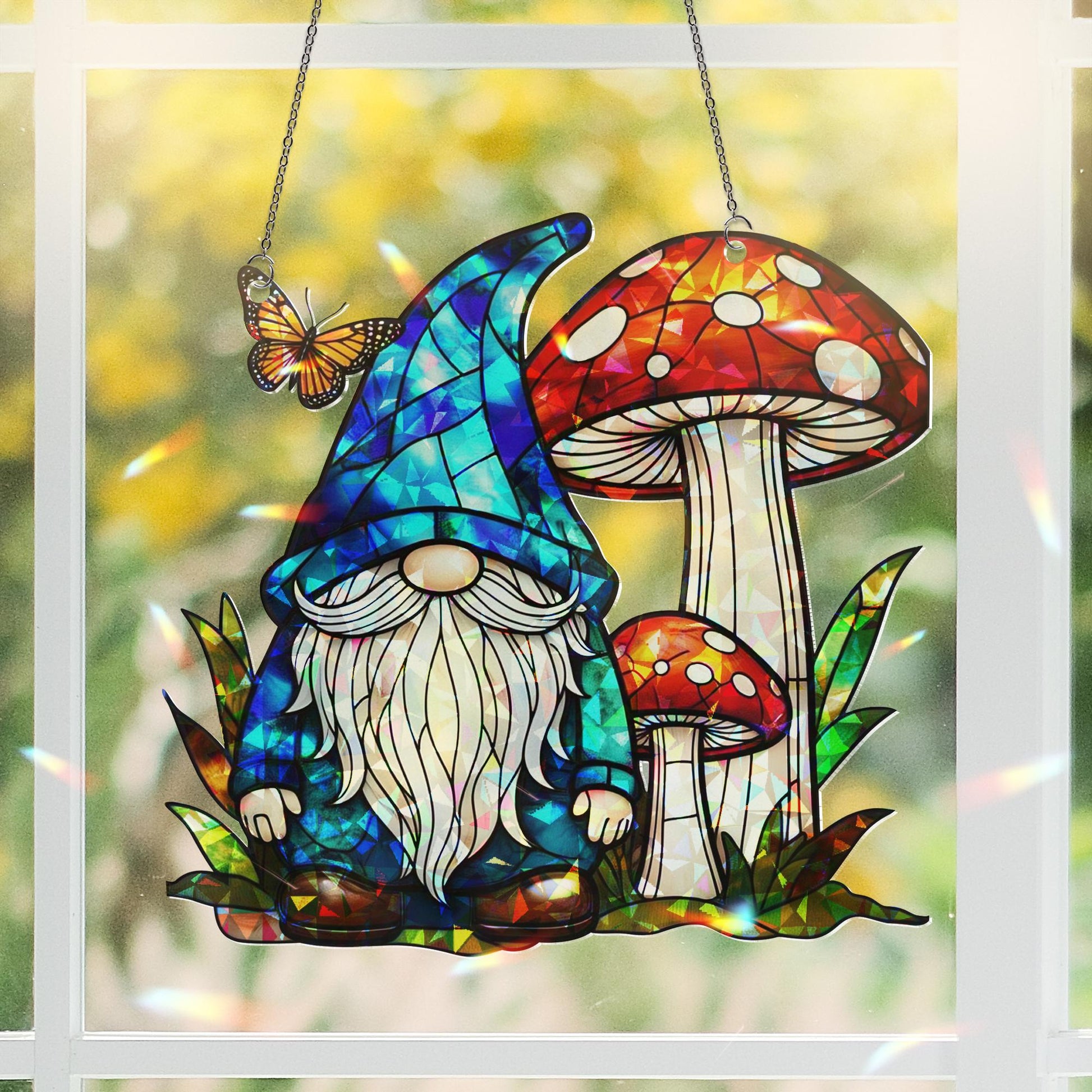Whimsical Gnome and Mushroom Hologram Acrylic Window Hanging – Fairy Garden Decor, Gift for Gnome Lovers, Fantasy Home Decor