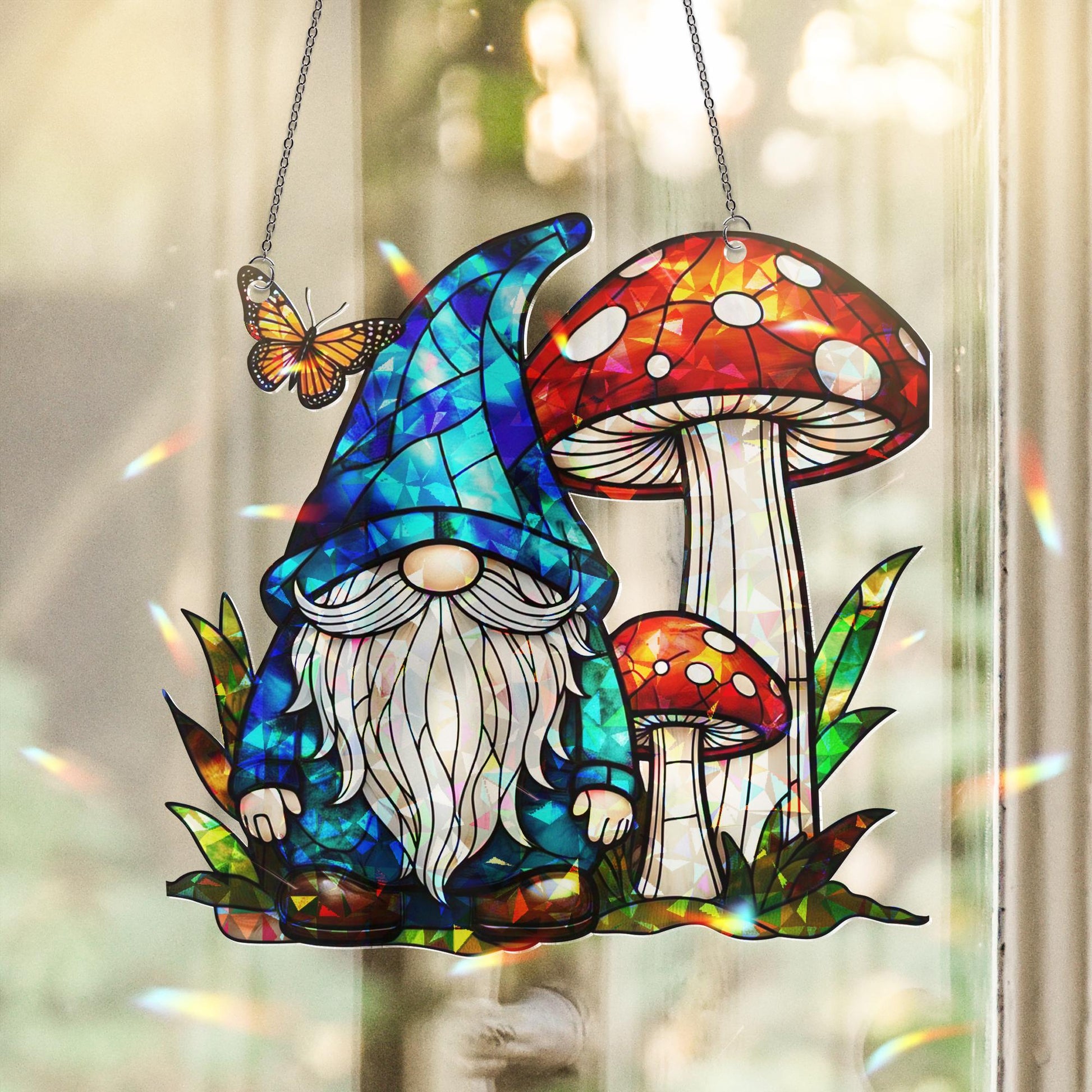 Whimsical Gnome and Mushroom Hologram Acrylic Window Hanging – Fairy Garden Decor, Gift for Gnome Lovers, Fantasy Home Decor