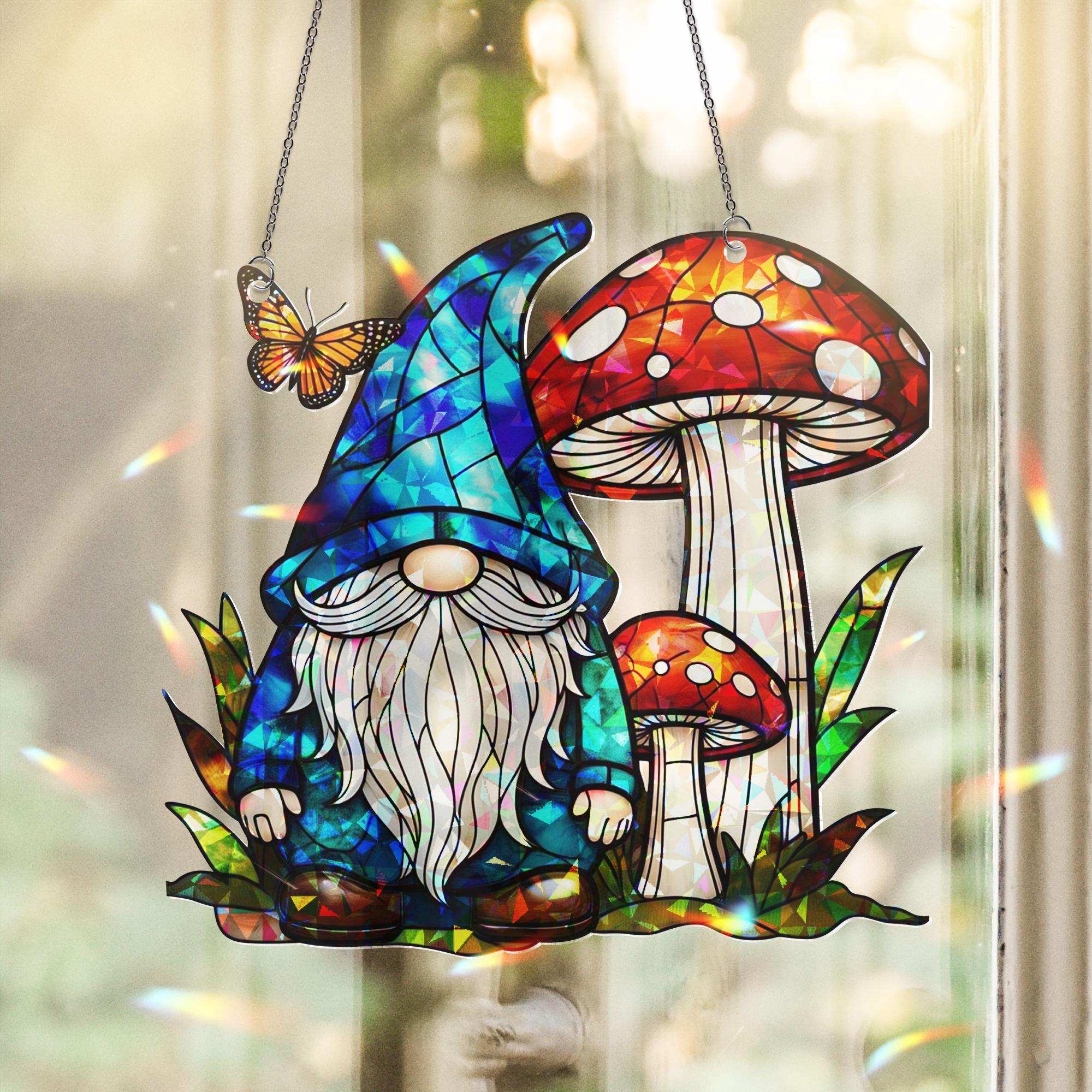 Whimsical Gnome and Mushroom Hologram Acrylic Window Hanging – Fairy Garden Decor, Gift for Gnome Lovers, Fantasy Home Decor