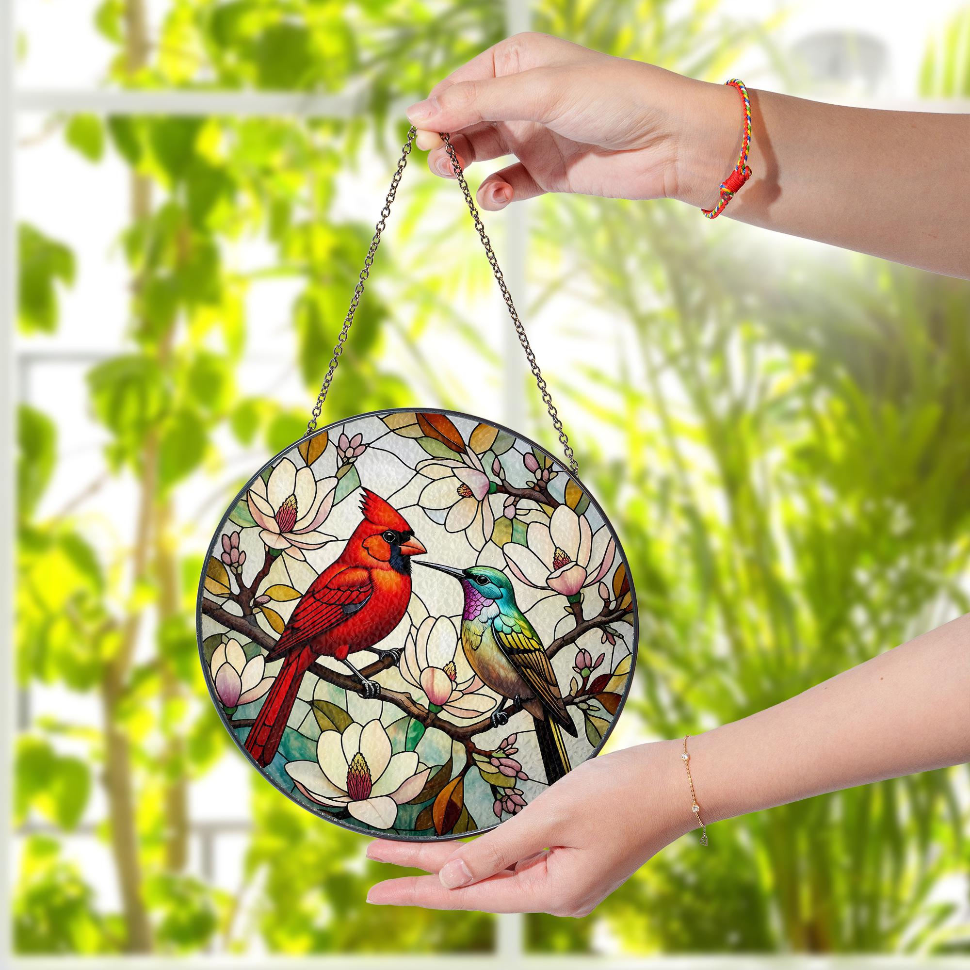 Cardinal & Hummingbird Glass Suncatcher - Vibrant Birds Among Magnolia Blossoms Window Hanging - Nature Inspired Home Decor Gift, Bird Lover