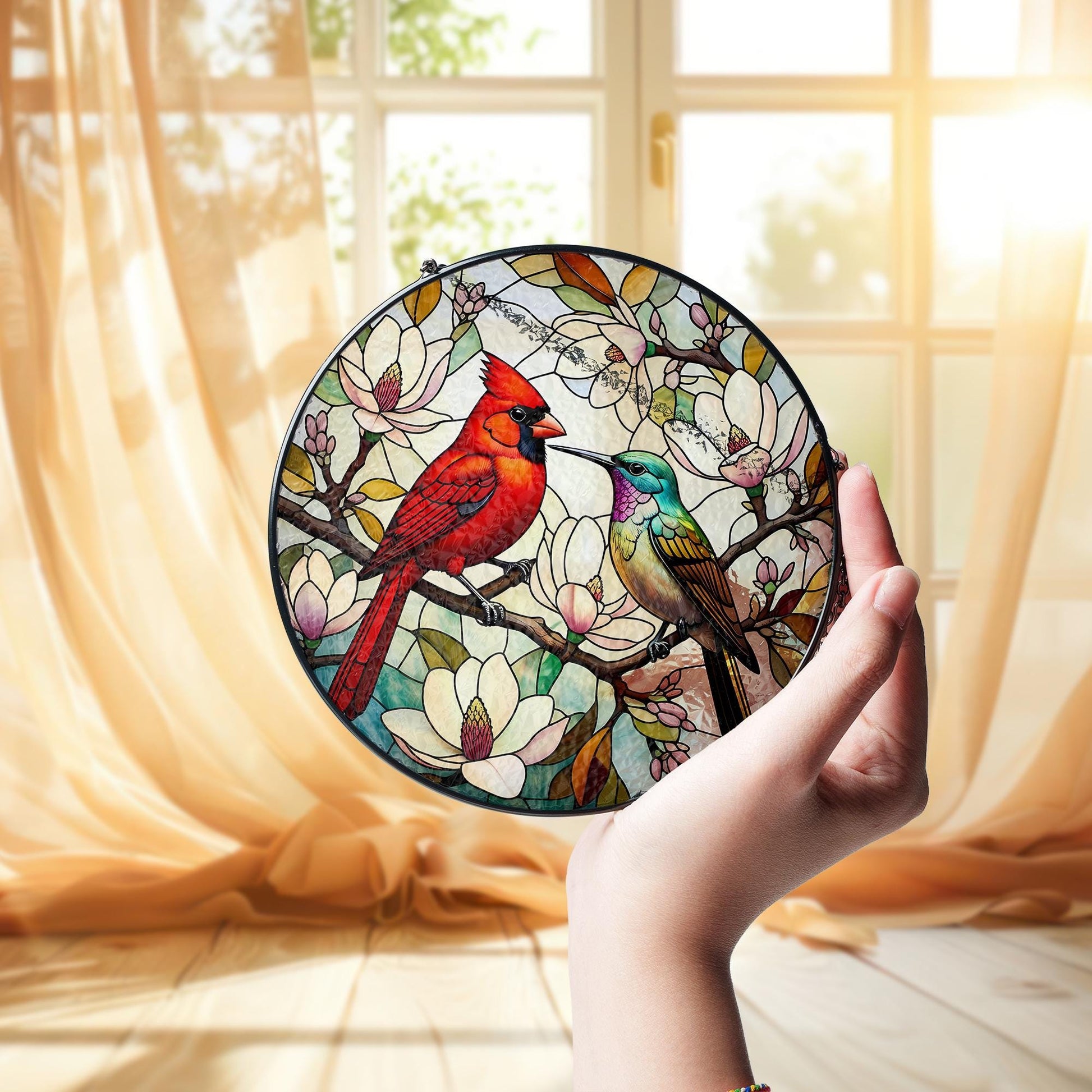 Cardinal & Hummingbird Glass Suncatcher - Vibrant Birds Among Magnolia Blossoms Window Hanging - Nature Inspired Home Decor Gift, Bird Lover