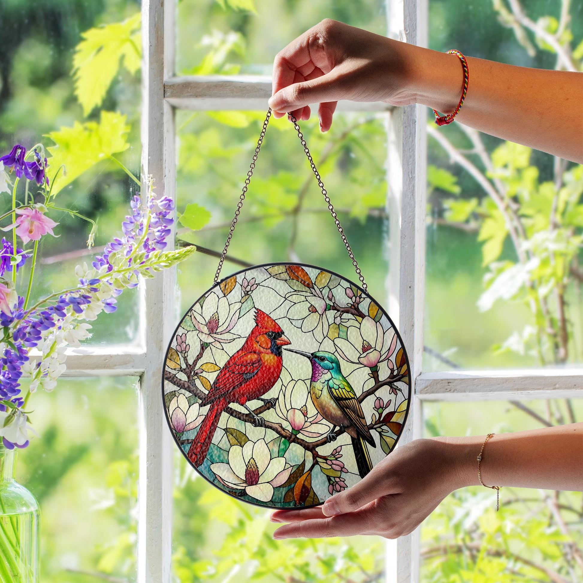 Cardinal & Hummingbird Glass Suncatcher - Vibrant Birds Among Magnolia Blossoms Window Hanging - Nature Inspired Home Decor Gift, Bird Lover