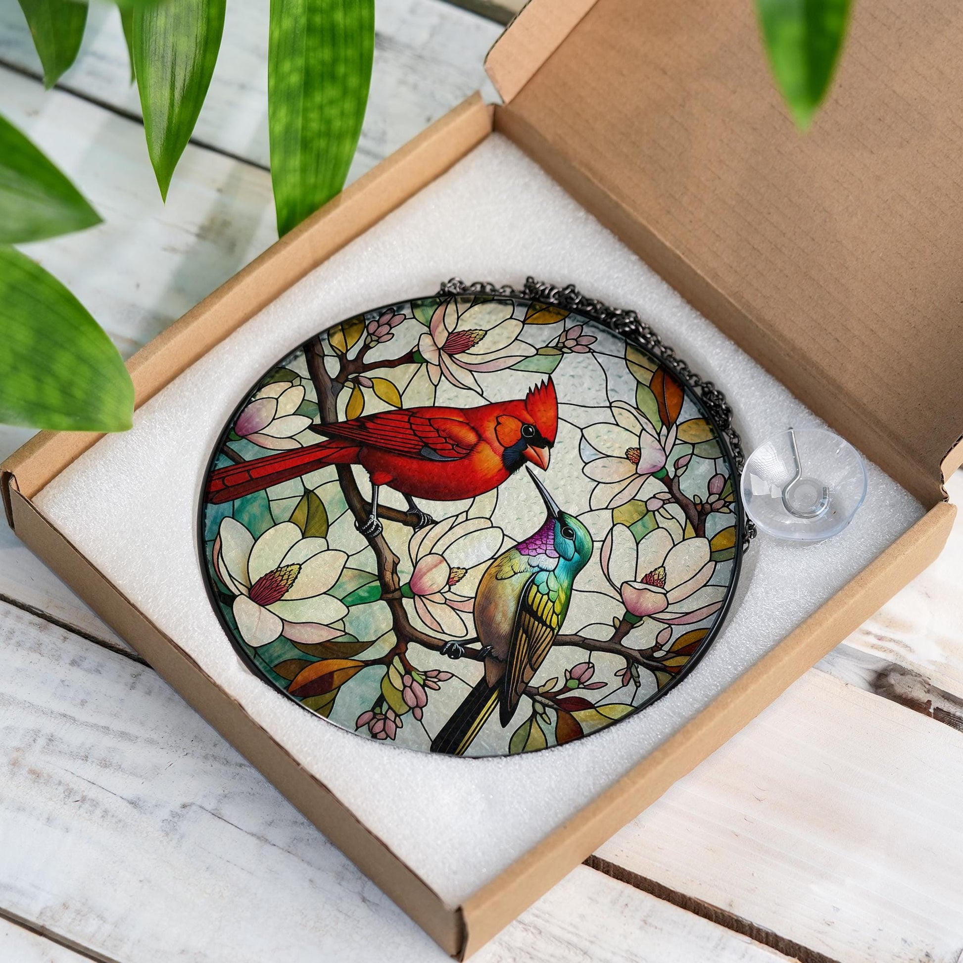 Cardinal & Hummingbird Glass Suncatcher - Vibrant Birds Among Magnolia Blossoms Window Hanging - Nature Inspired Home Decor Gift, Bird Lover