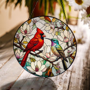 Cardinal & Hummingbird Glass Suncatcher - Vibrant Birds Among Magnolia Blossoms Window Hanging - Nature Inspired Home Decor Gift, Bird Lover