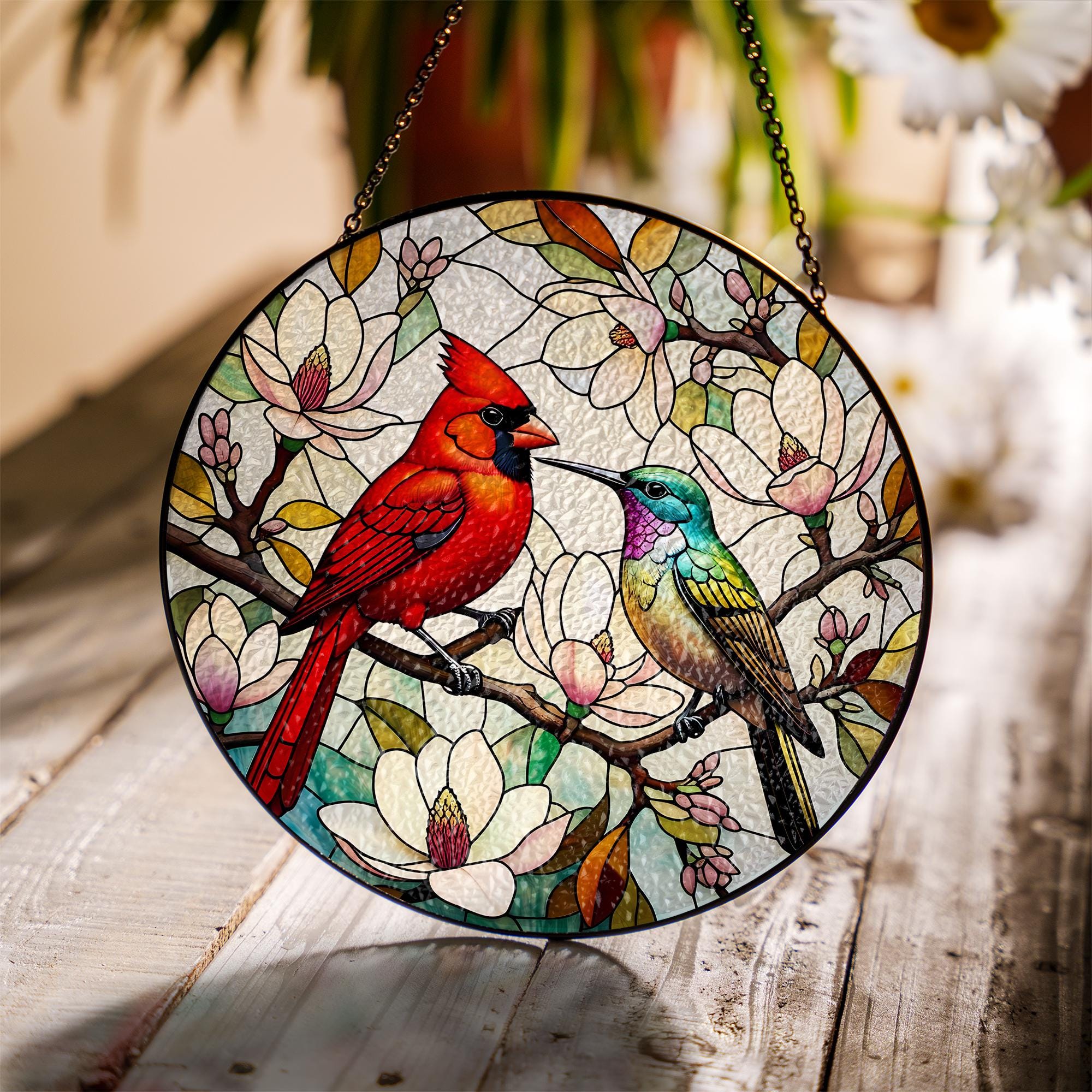 Cardinal & Hummingbird Glass Suncatcher - Vibrant Birds Among Magnolia Blossoms Window Hanging - Nature Inspired Home Decor Gift, Bird Lover