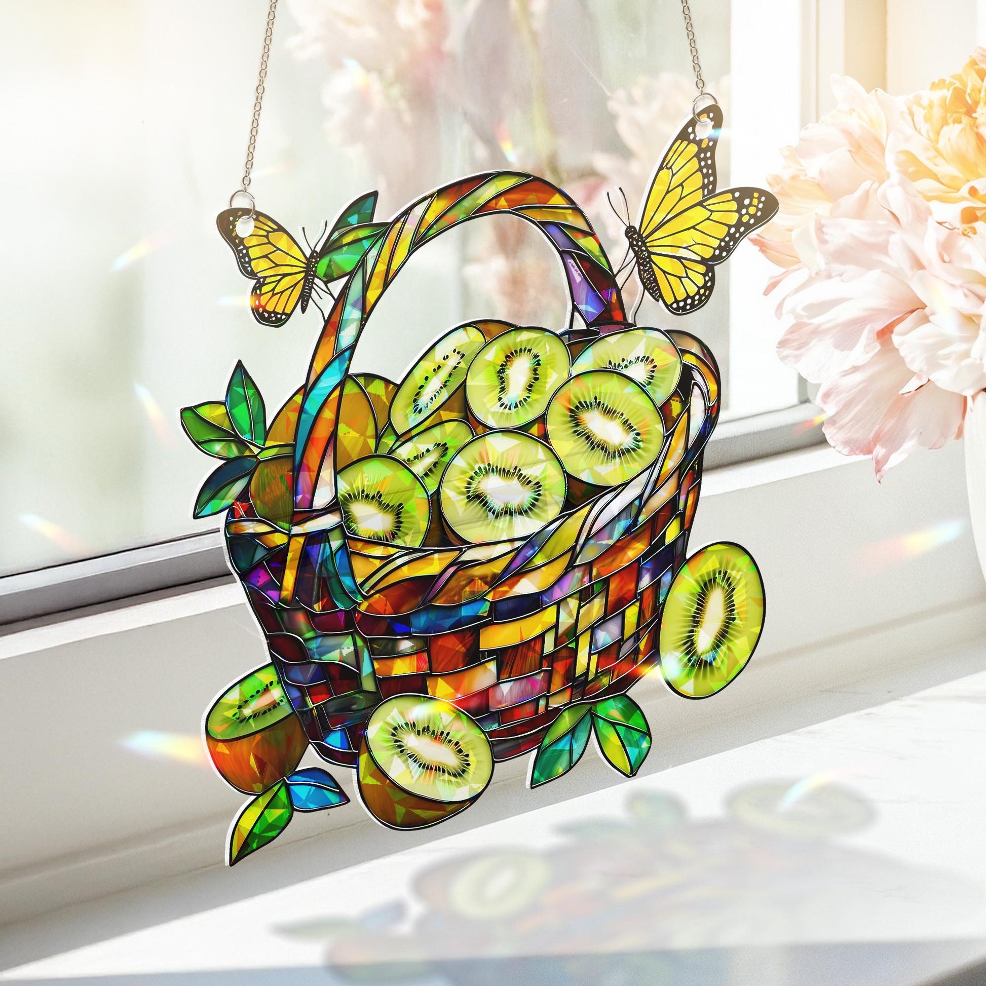 Kiwi Fruit Basket Hologram Window Hanging Decor with Butterflies, Unique Gift for Fruit Lovers, Fruit Lover Gift