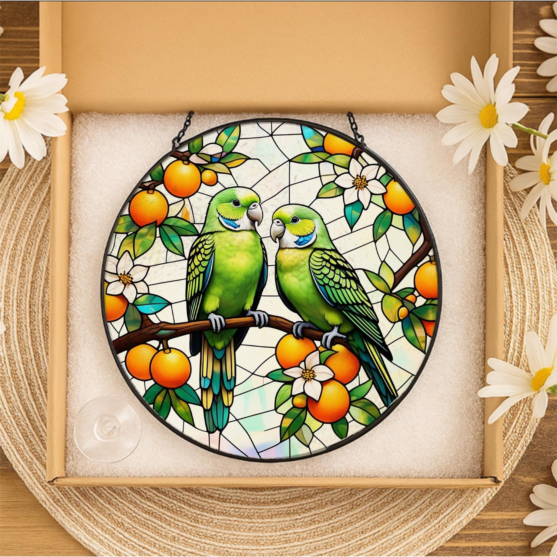 Vibrant Parrot Glass Suncatcher with Lush Orange Tree Design, Handcrafted Window Hanging Art for Bird Lovers and Home Decor Enthusiasts