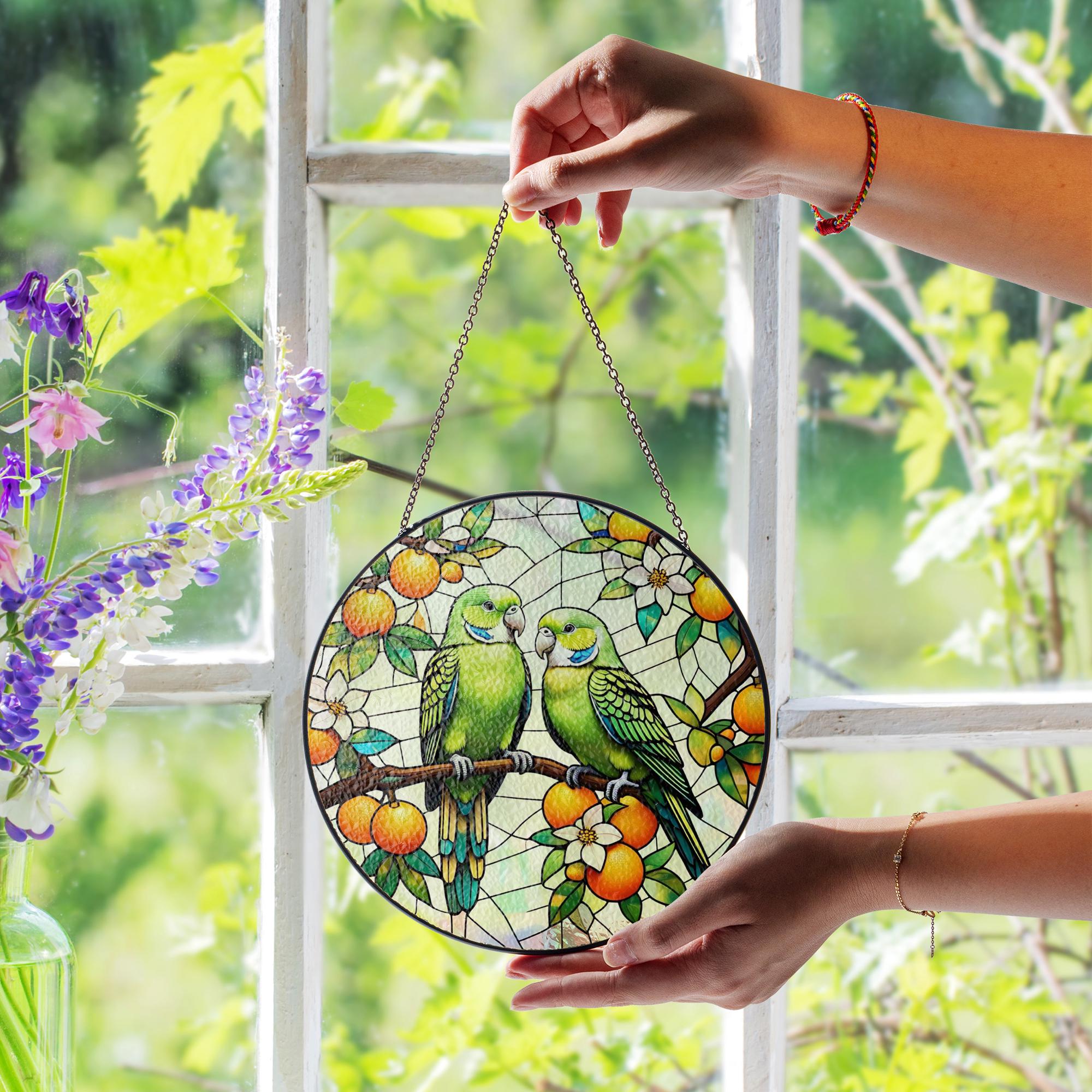 Vibrant Parrot Glass Suncatcher with Lush Orange Tree Design, Handcrafted Window Hanging Art for Bird Lovers and Home Decor Enthusiasts