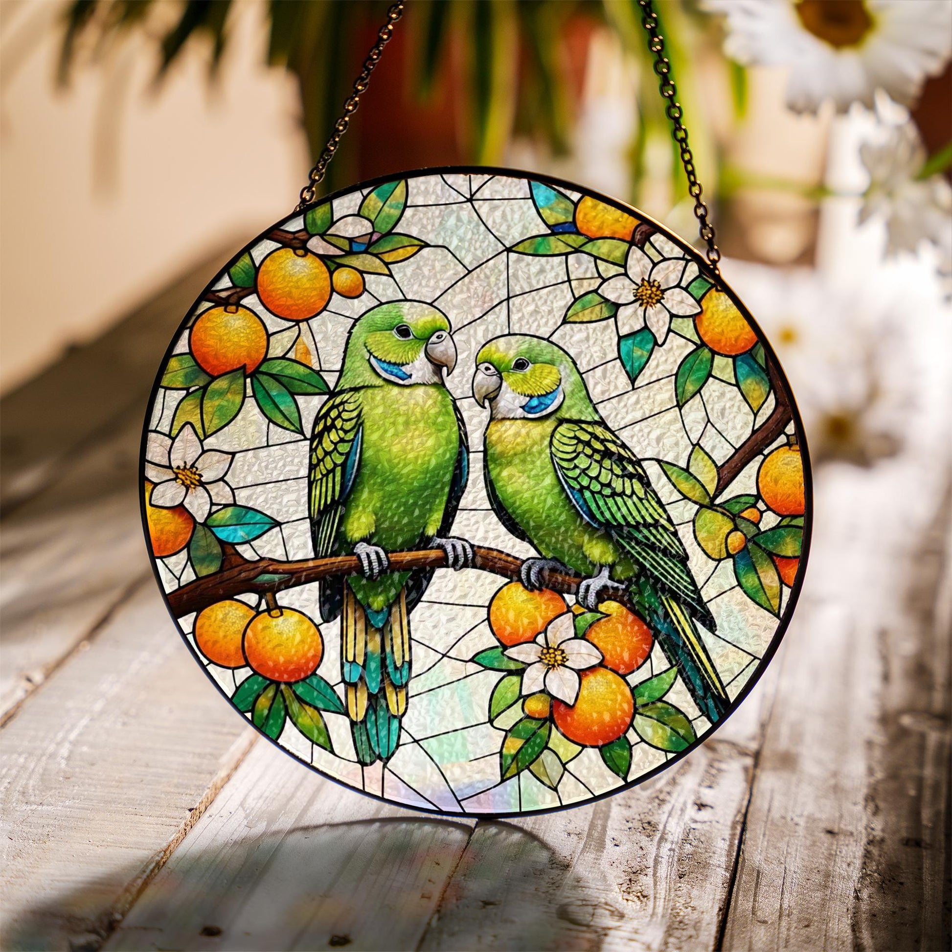 Vibrant Parrot Glass Suncatcher with Lush Orange Tree Design, Handcrafted Window Hanging Art for Bird Lovers and Home Decor Enthusiasts