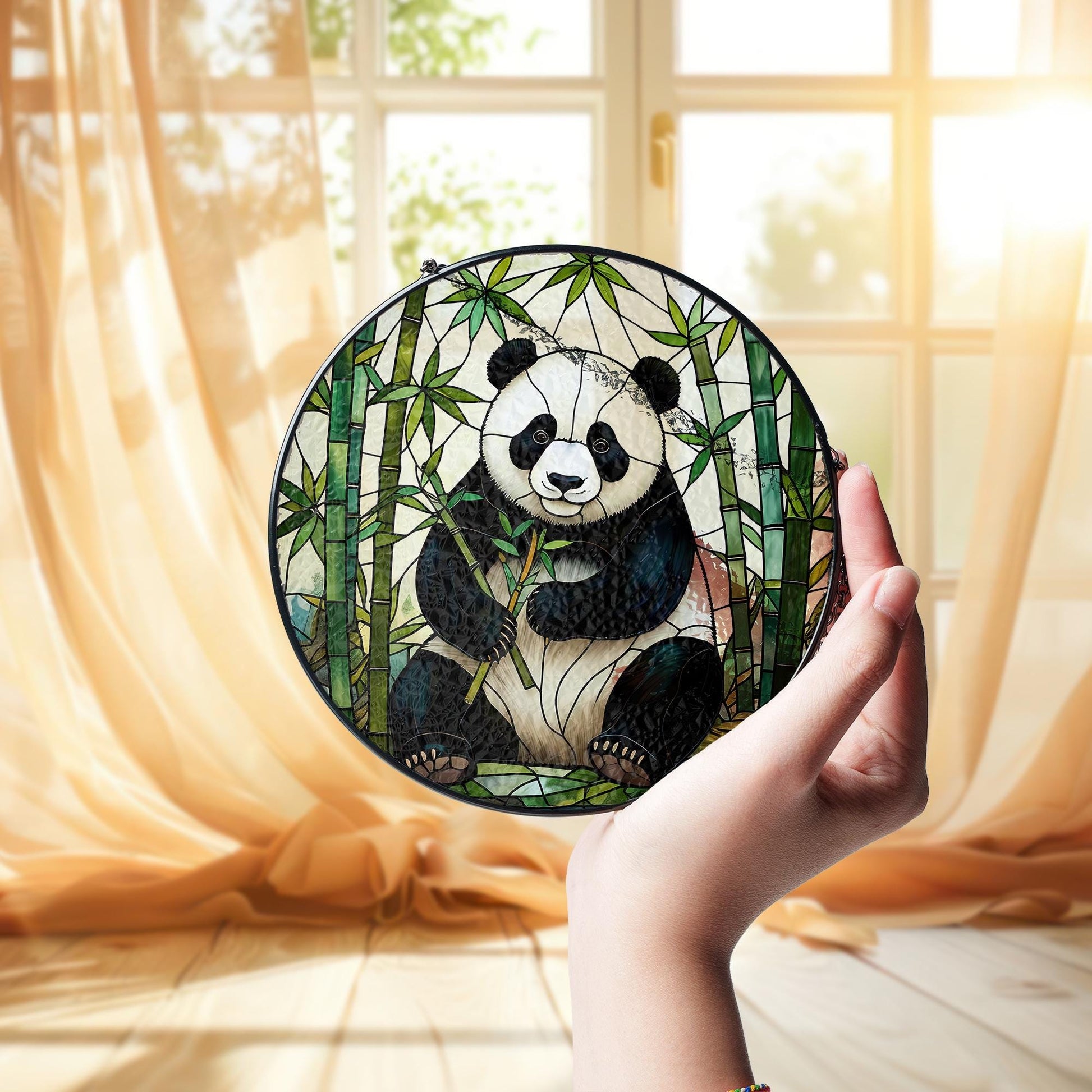 Panda Bamboo Glass Suncatcher, Cute Animal Window Hanging, Nature Inspired Home Decor, Unique Gift for Panda Lovers, Wildlife Art