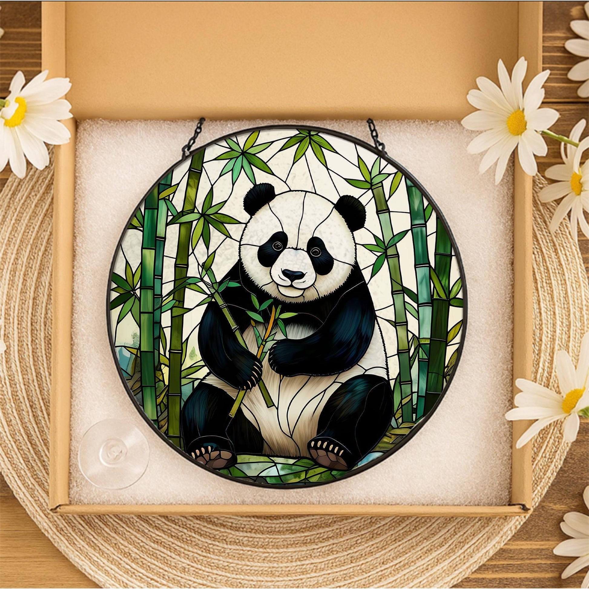 Panda Bamboo Glass Suncatcher, Cute Animal Window Hanging, Nature Inspired Home Decor, Unique Gift for Panda Lovers, Wildlife Art