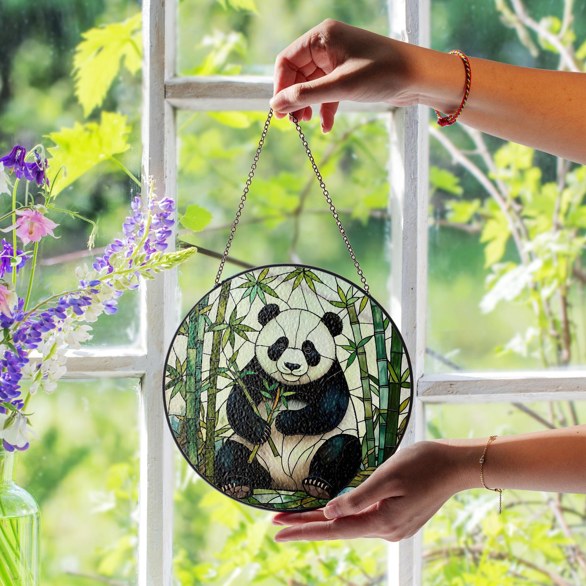 Panda Bamboo Glass Suncatcher, Cute Animal Window Hanging, Nature Inspired Home Decor, Unique Gift for Panda Lovers, Wildlife Art