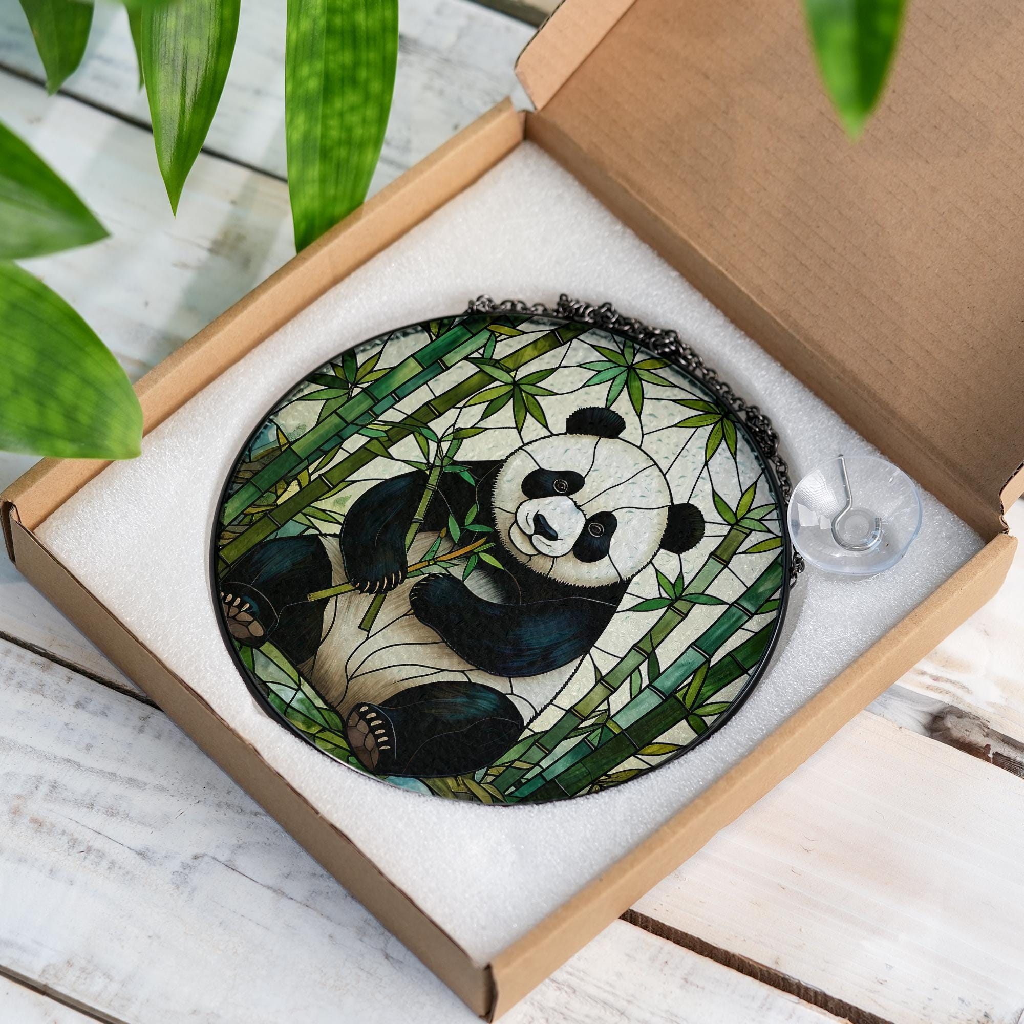 Panda Bamboo Glass Suncatcher, Cute Animal Window Hanging, Nature Inspired Home Decor, Unique Gift for Panda Lovers, Wildlife Art