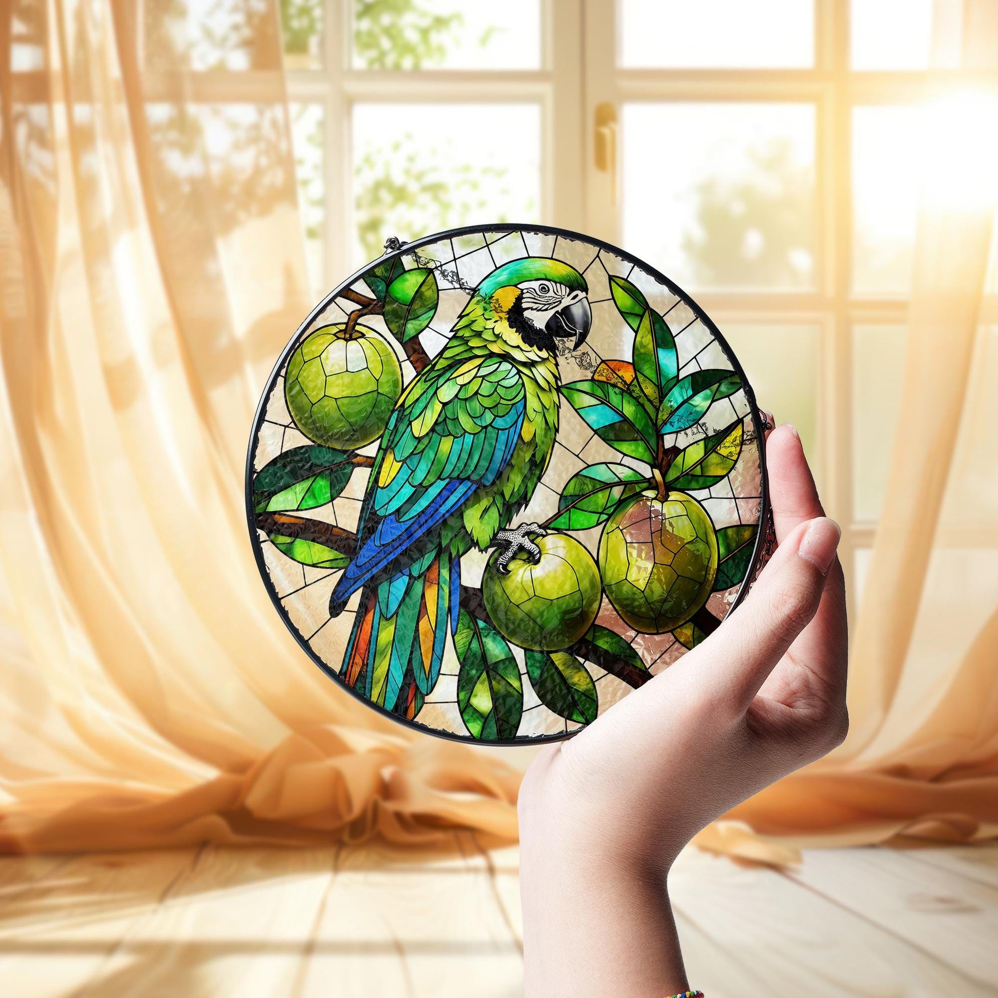 Tropical Parrot Glass Suncatcher – Colorful Bird Window Hanging, Stained Glass Style Jungle Decor, Exotic Fruit Lover Gift, Bird Lover Gift