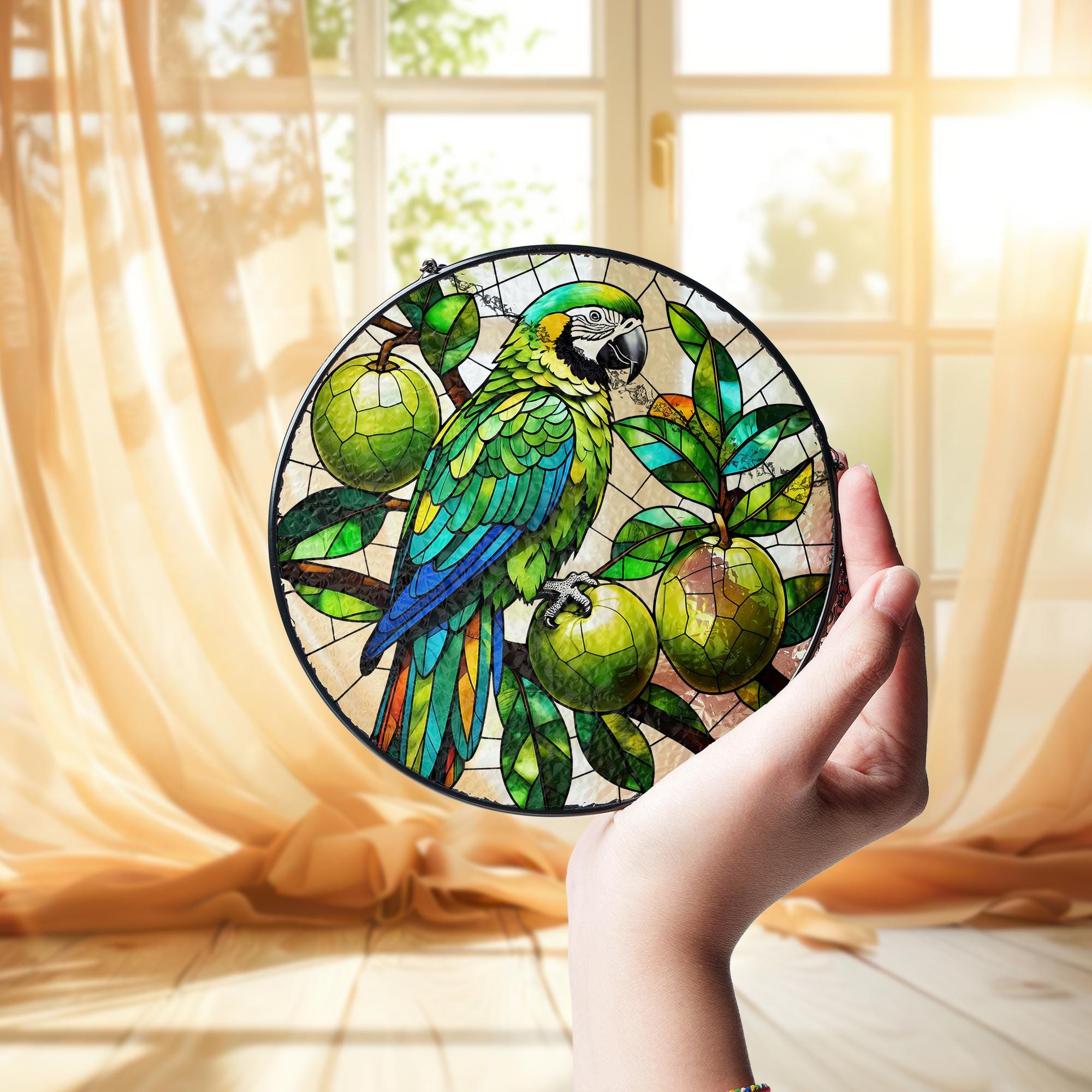 Tropical Parrot Glass Suncatcher – Colorful Bird Window Hanging, Stained Glass Style Jungle Decor, Exotic Fruit Lover Gift, Bird Lover Gift