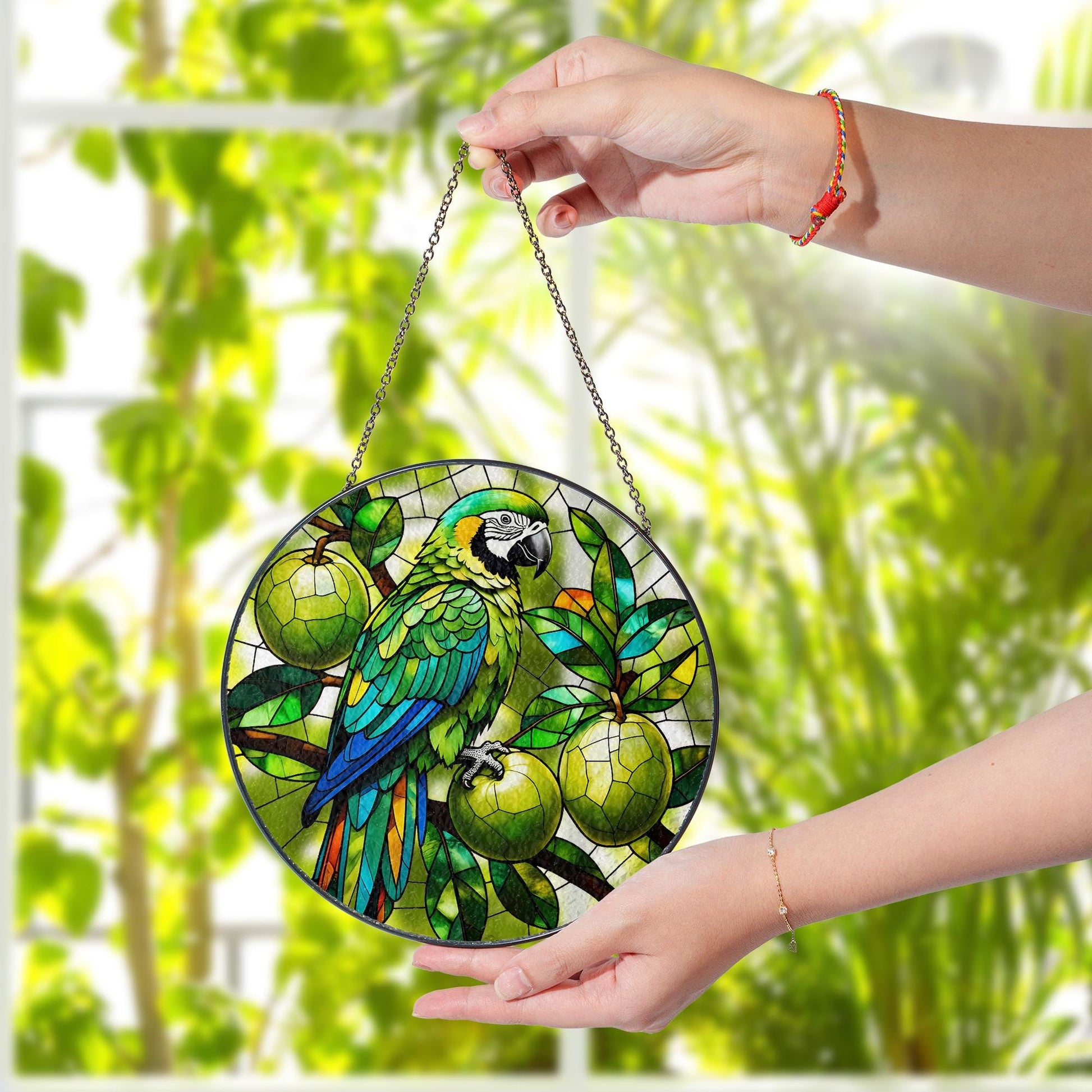 Tropical Parrot Glass Suncatcher – Colorful Bird Window Hanging, Stained Glass Style Jungle Decor, Exotic Fruit Lover Gift, Bird Lover Gift