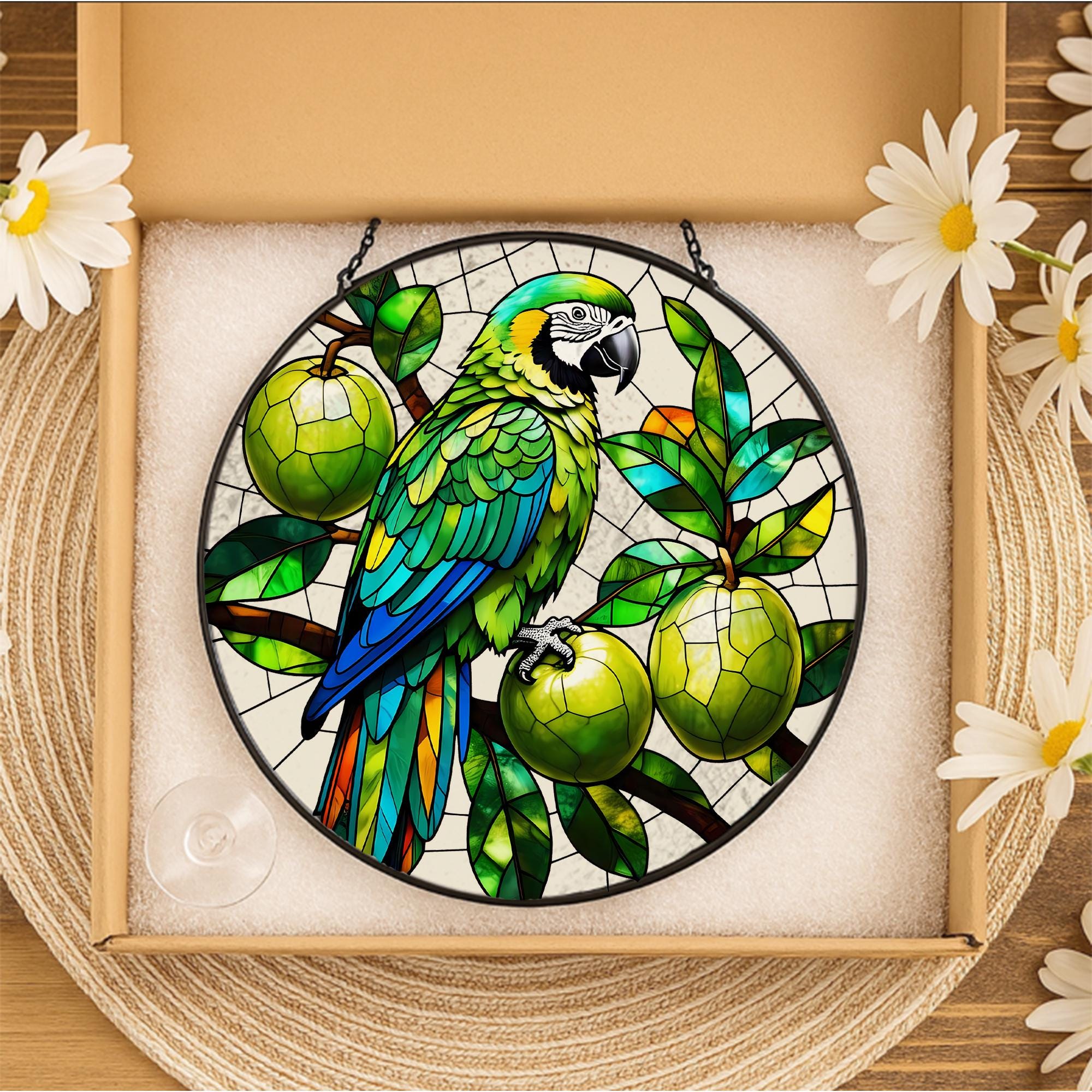 Tropical Parrot Glass Suncatcher – Colorful Bird Window Hanging, Stained Glass Style Jungle Decor, Exotic Fruit Lover Gift, Bird Lover Gift