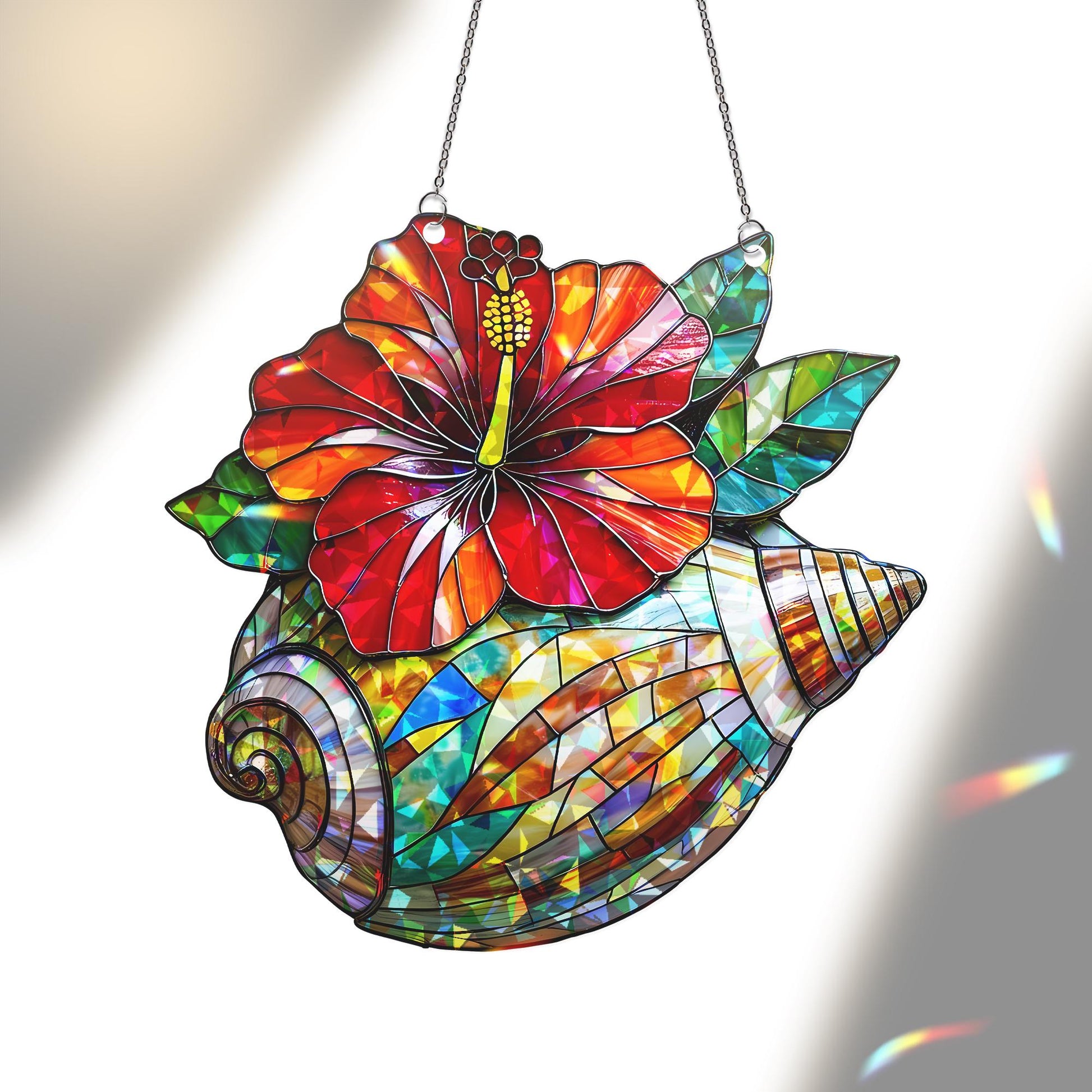 Tropical Hibiscus Flower & Seashell Acrylic Hologram Window Hanging - Vibrant Beach Decor, Coastal Art, Summer Ornament, Gift for Her