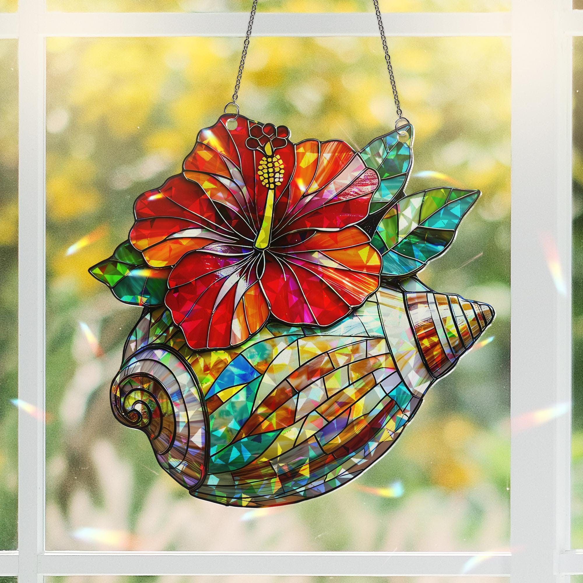 Tropical Hibiscus Flower & Seashell Acrylic Hologram Window Hanging - Vibrant Beach Decor, Coastal Art, Summer Ornament, Gift for Her