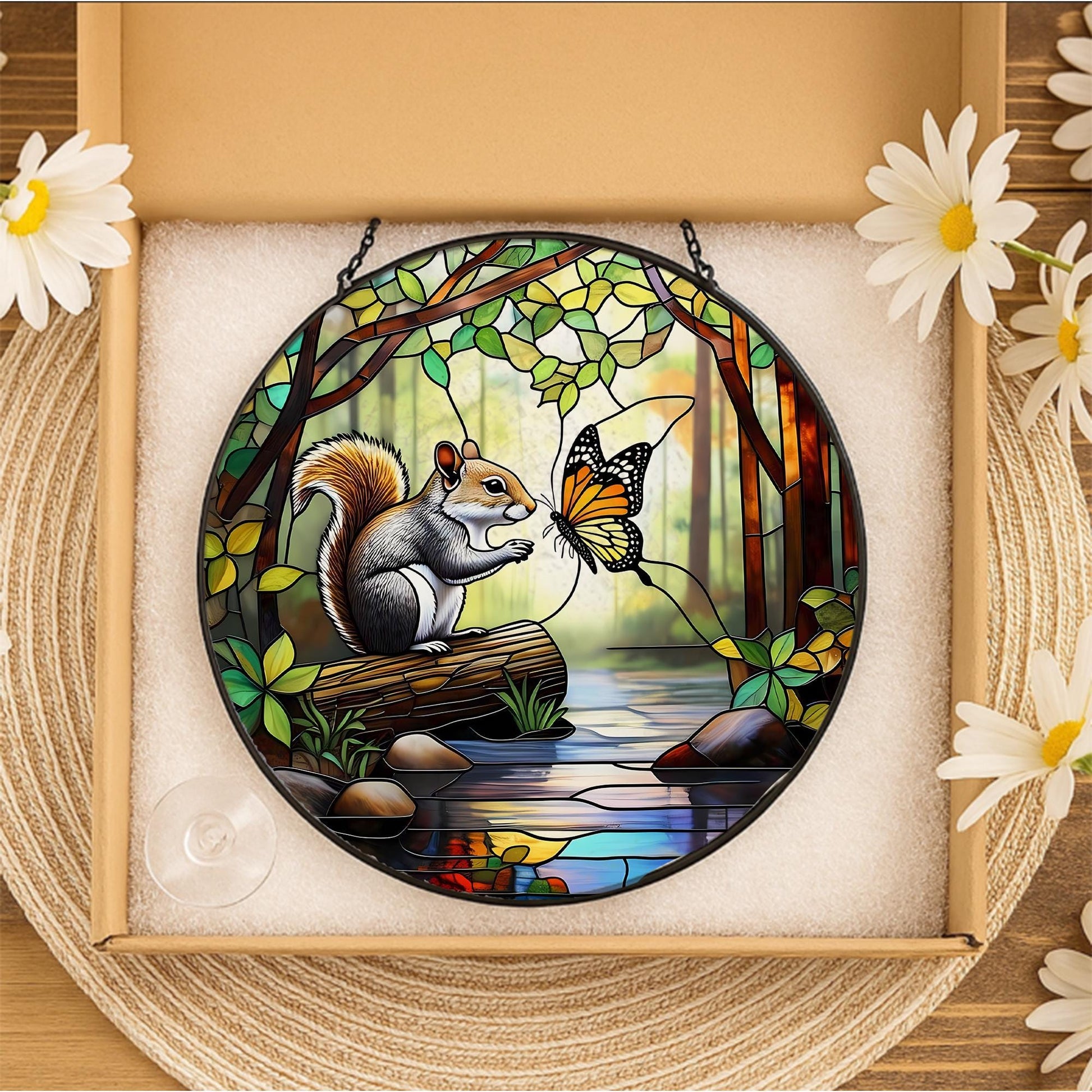 Handmade Squirrel Butterfly Glass Suncatcher, Window Hanging Ornament, Woodland Nature Scene Decor, Unique Animal Lover Gift