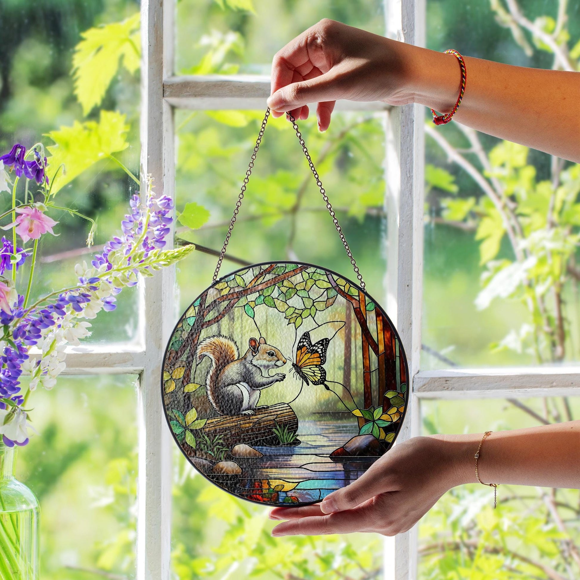 Handmade Squirrel Butterfly Glass Suncatcher, Window Hanging Ornament, Woodland Nature Scene Decor, Unique Animal Lover Gift