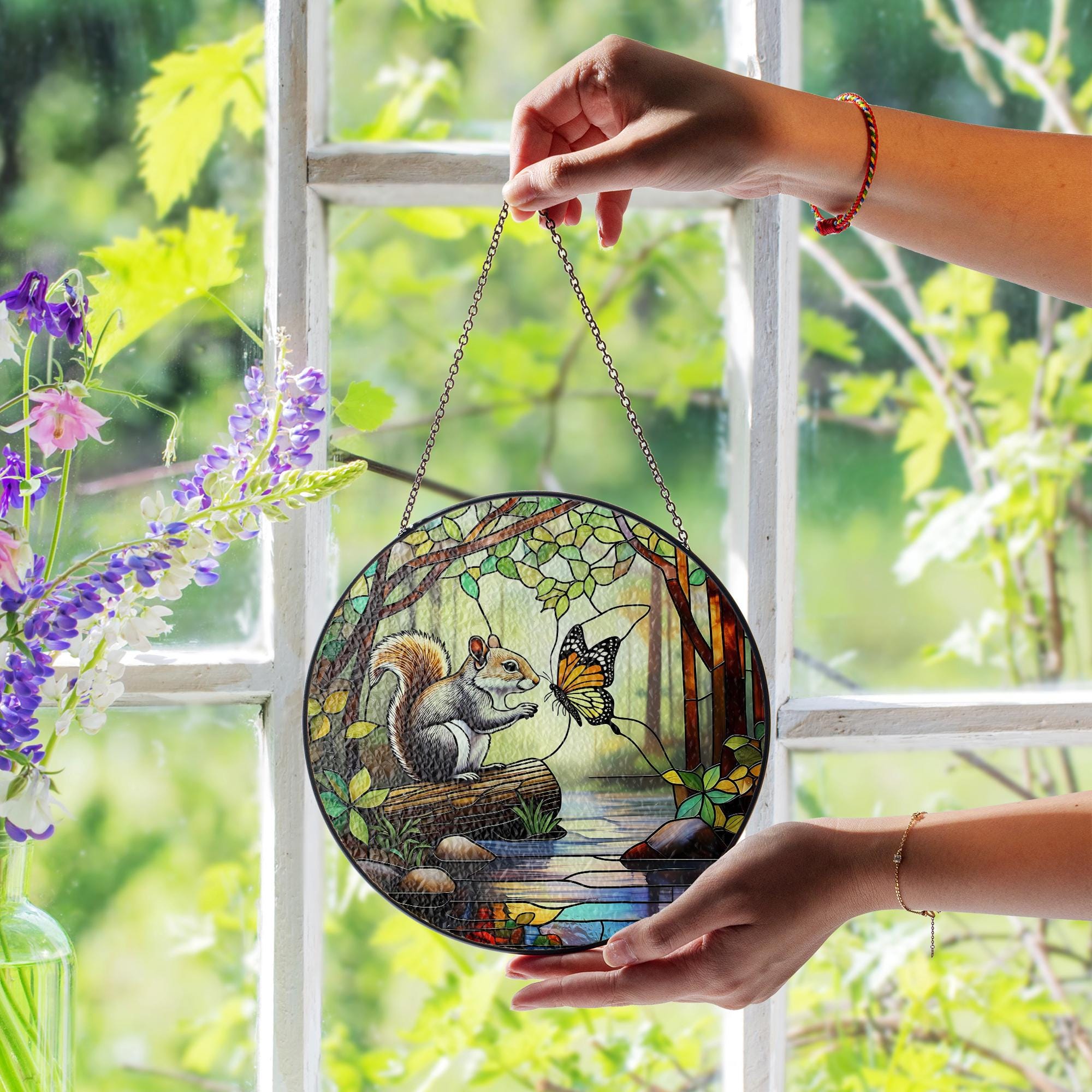 Handmade Squirrel Butterfly Glass Suncatcher, Window Hanging Ornament, Woodland Nature Scene Decor, Unique Animal Lover Gift