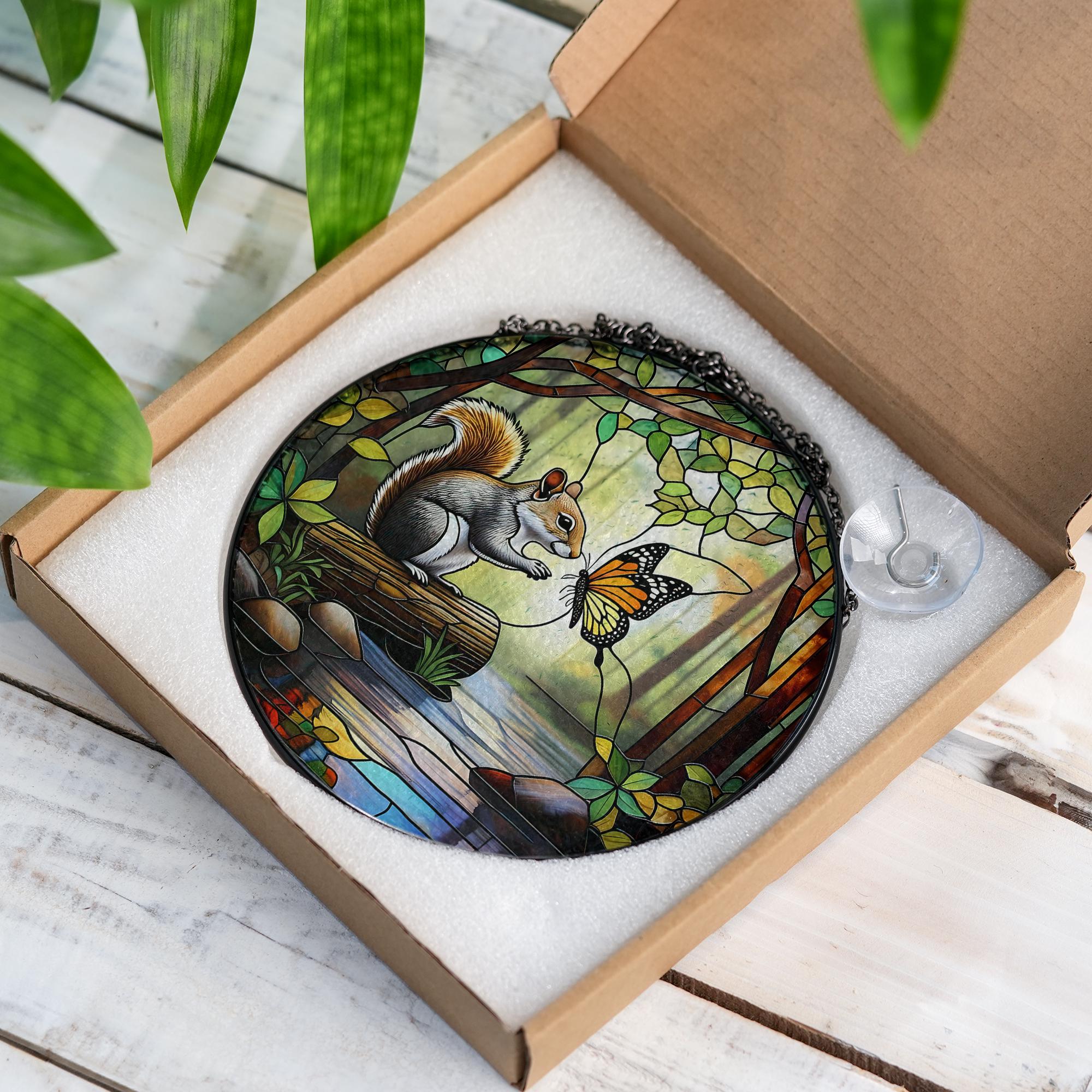 Handmade Squirrel Butterfly Glass Suncatcher, Window Hanging Ornament, Woodland Nature Scene Decor, Unique Animal Lover Gift