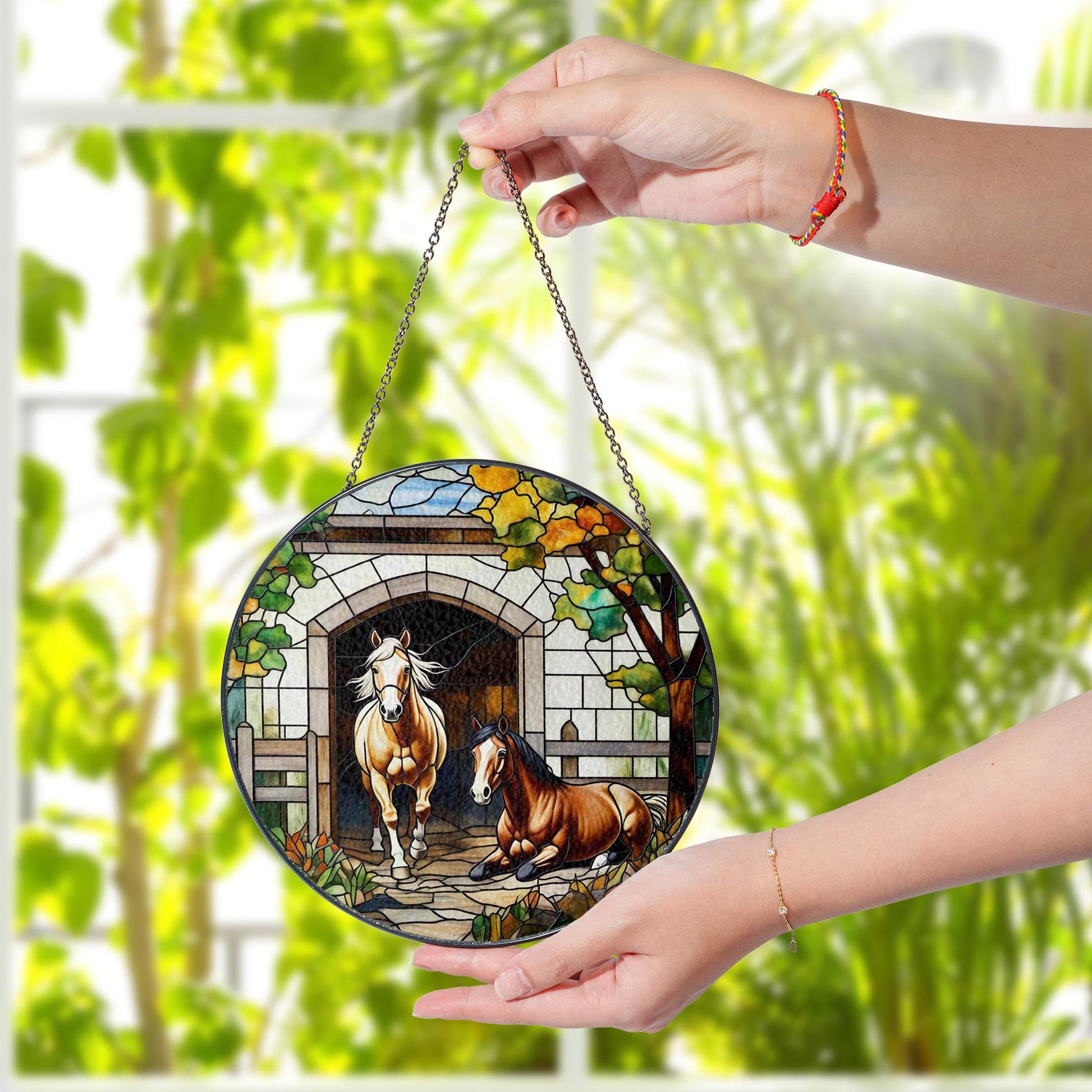 Rustic Horse Glass Suncatcher – Stained Glass Style Farmhouse Window Decor, Equestrian Gift, Barn Scene Art for Horse Lovers