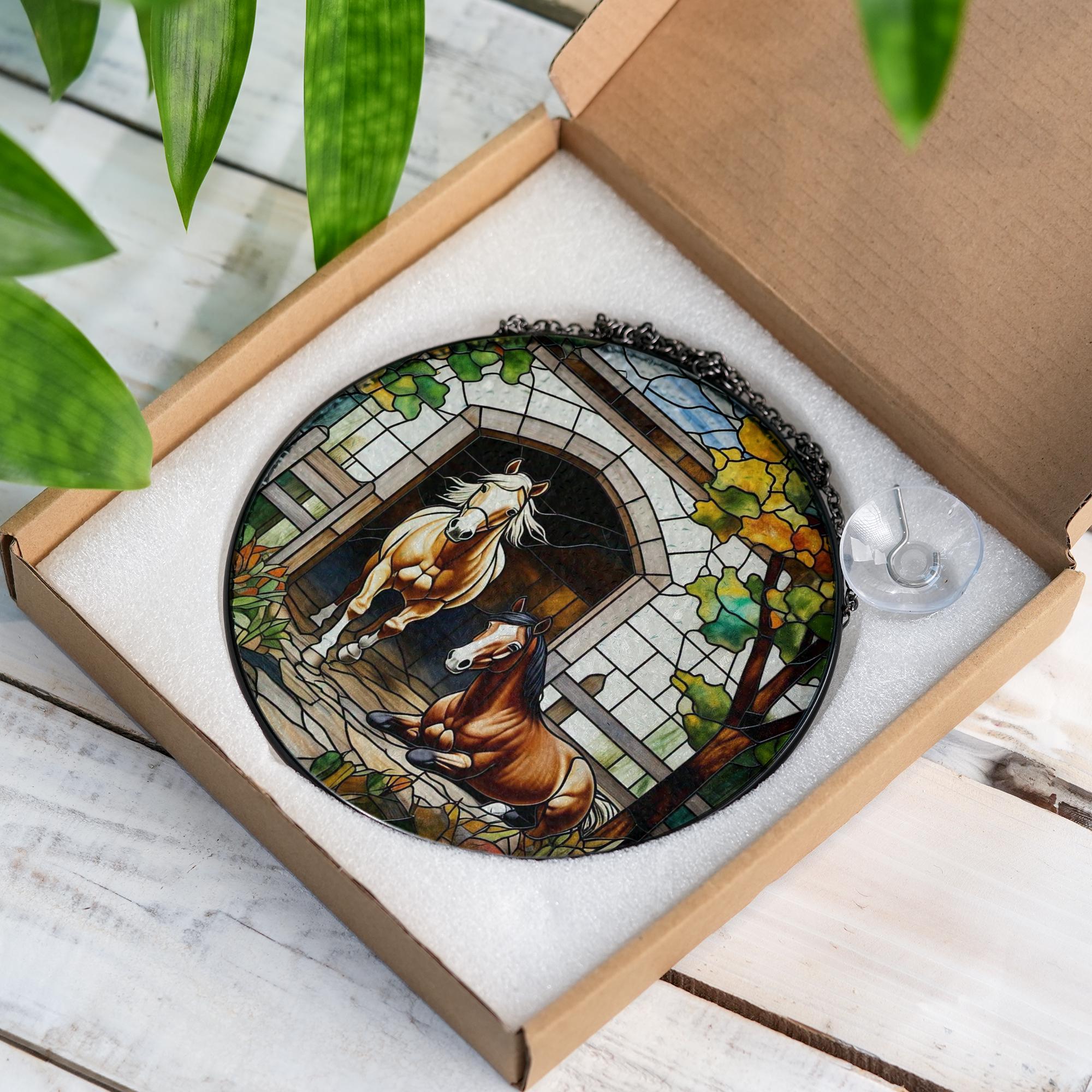 Rustic Horse Glass Suncatcher – Stained Glass Style Farmhouse Window Decor, Equestrian Gift, Barn Scene Art for Horse Lovers