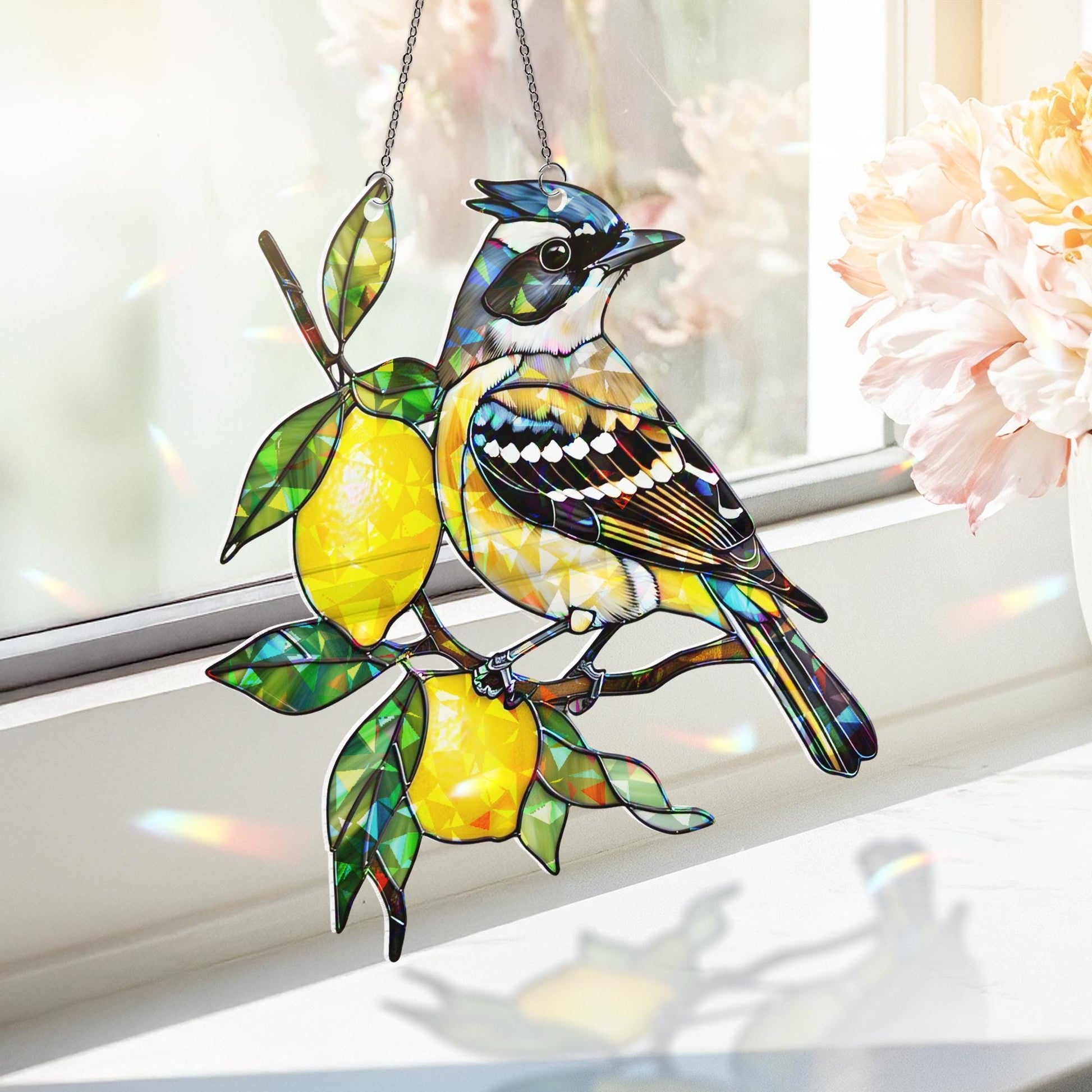 Lemon Bird Hologram Acrylic Window Hanging – Colorful Holographic Decor for Kitchen, Garden, or Nature Lovers Gift, Bird Lover Gift