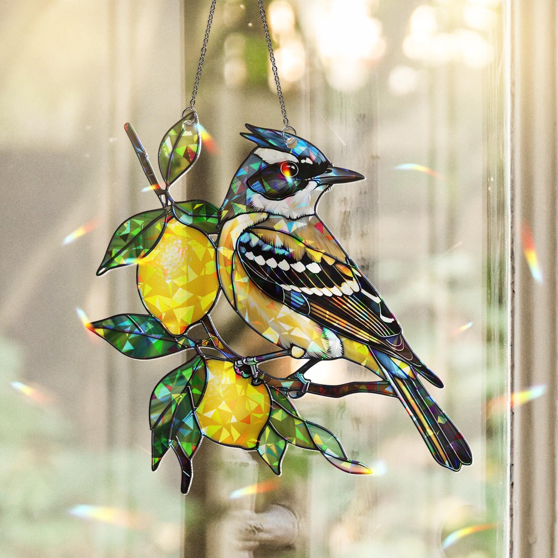 Lemon Bird Hologram Acrylic Window Hanging – Colorful Holographic Decor for Kitchen, Garden, or Nature Lovers Gift, Bird Lover Gift