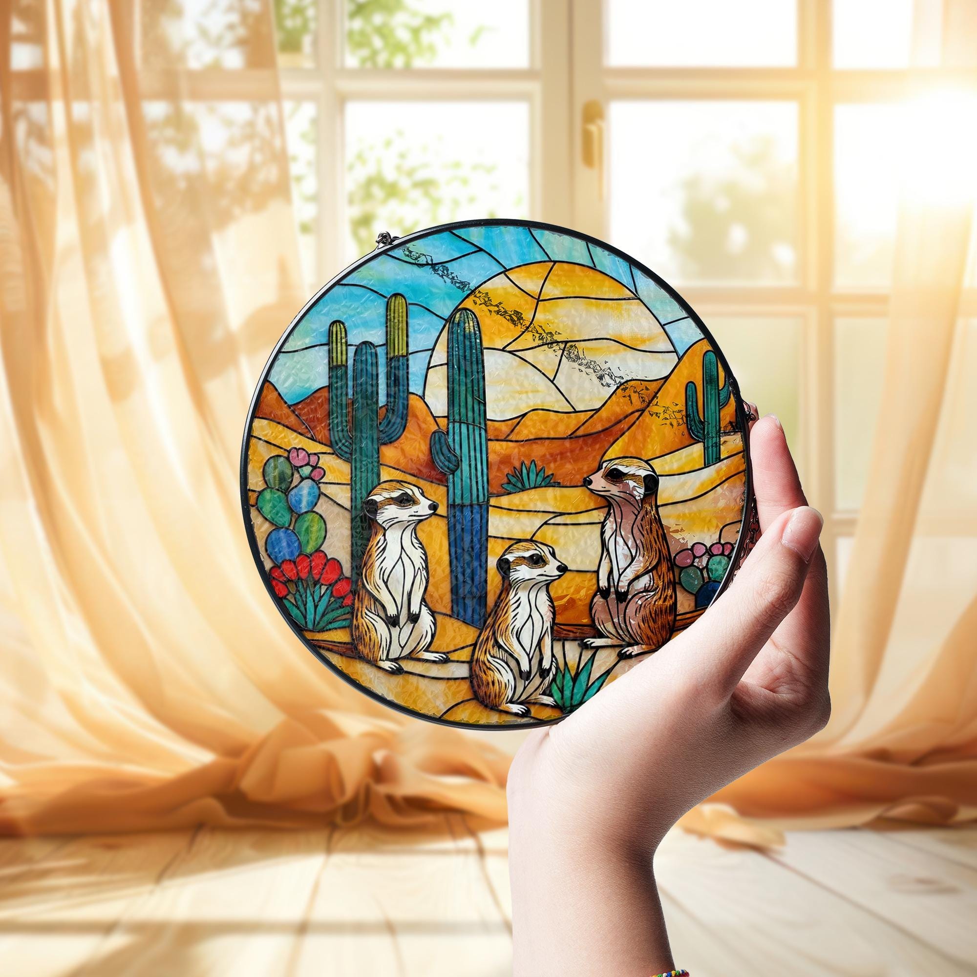 Desert Meerkat Glass Suncatcher – Colorful Round Stained Glass Window Hanging with Cactus Landscape, Wildlife Gift Decor