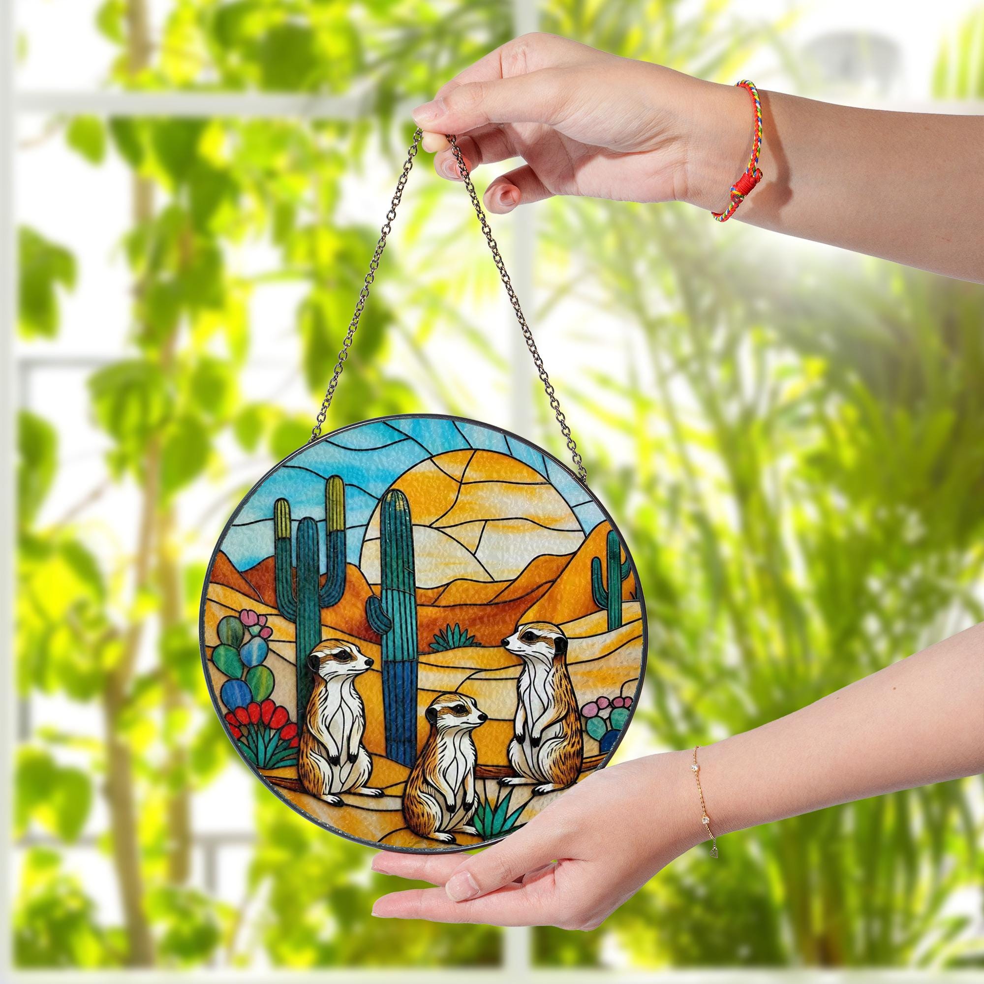 Desert Meerkat Glass Suncatcher – Colorful Round Stained Glass Window Hanging with Cactus Landscape, Wildlife Gift Decor