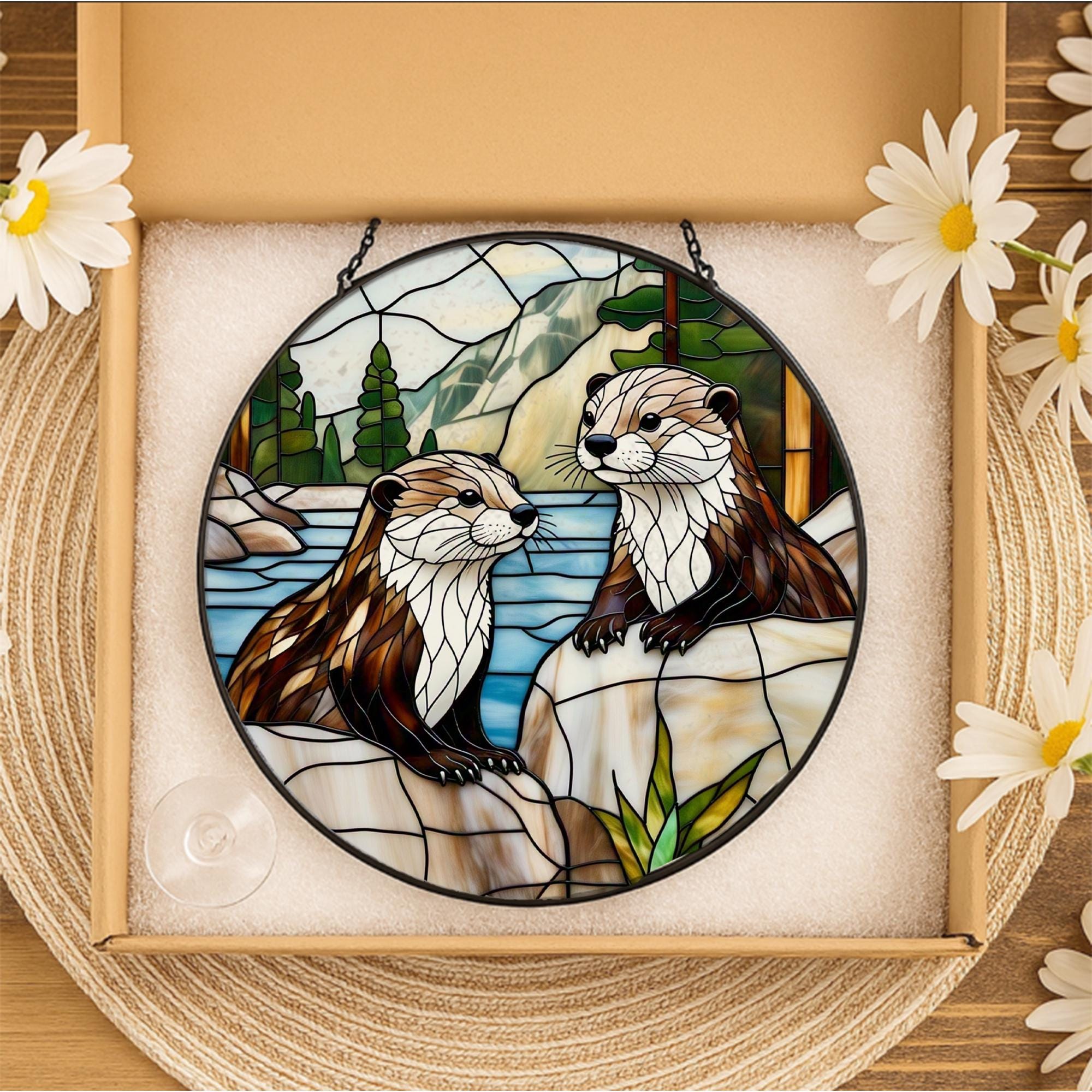 River Otter Glass Suncatcher – Handcrafted Round Stained Glass Window Hanging with Nature Landscape, Woodland Wildlife Home Decor Gift
