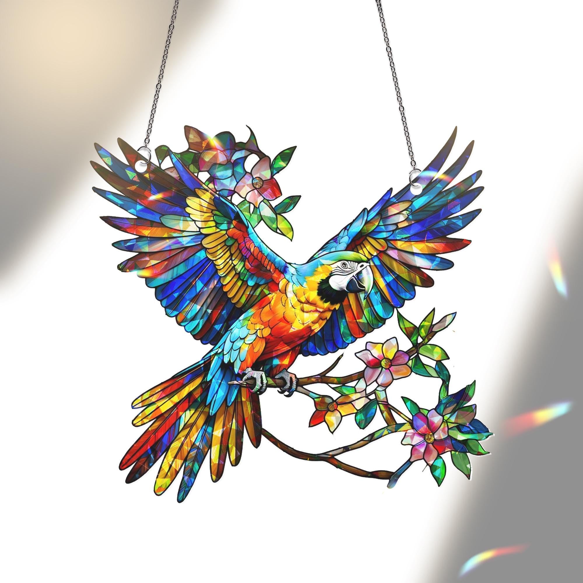Colorful Macaw Acrylic Window Hanging – Vibrant Parrot Bird Suncatcher with Flowers, Tropical Decor, Rainbow Stained Art Panel Gift