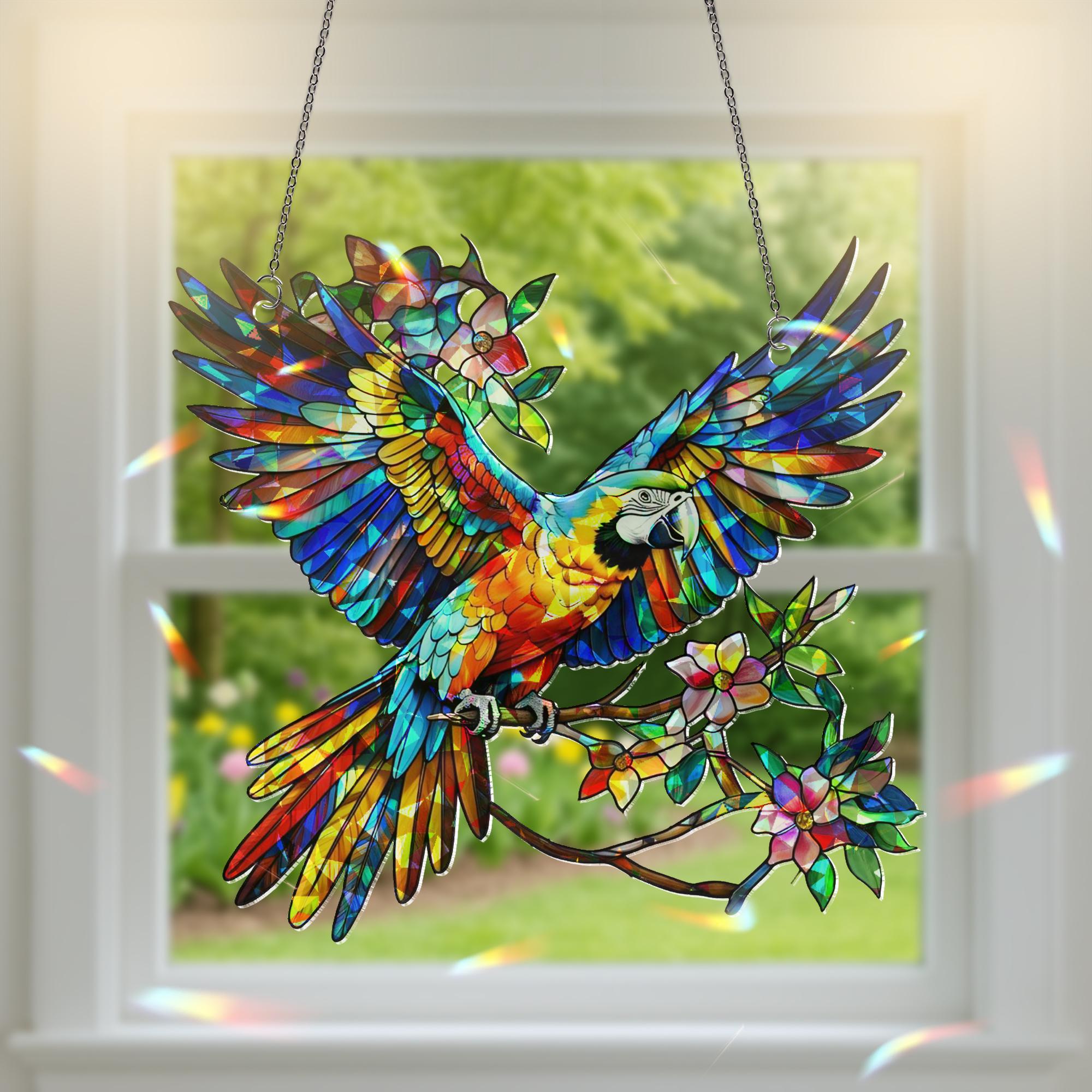 Colorful Macaw Acrylic Window Hanging – Vibrant Parrot Bird Suncatcher with Flowers, Tropical Decor, Rainbow Stained Art Panel Gift