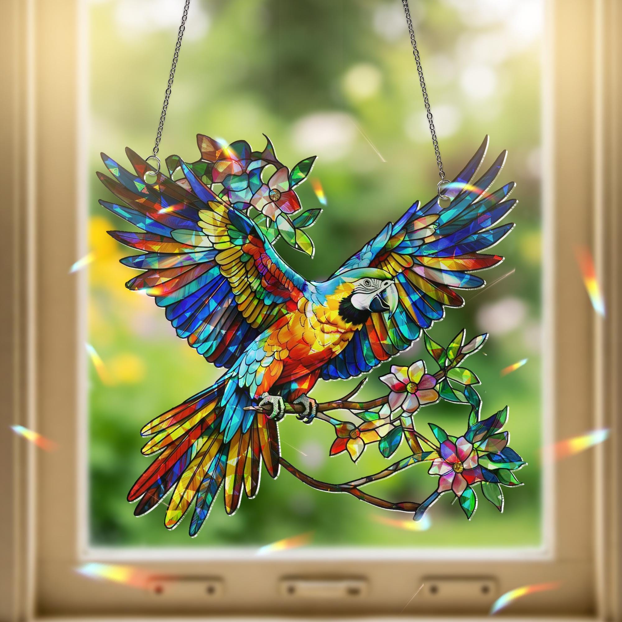Colorful Macaw Acrylic Window Hanging – Vibrant Parrot Bird Suncatcher with Flowers, Tropical Decor, Rainbow Stained Art Panel Gift