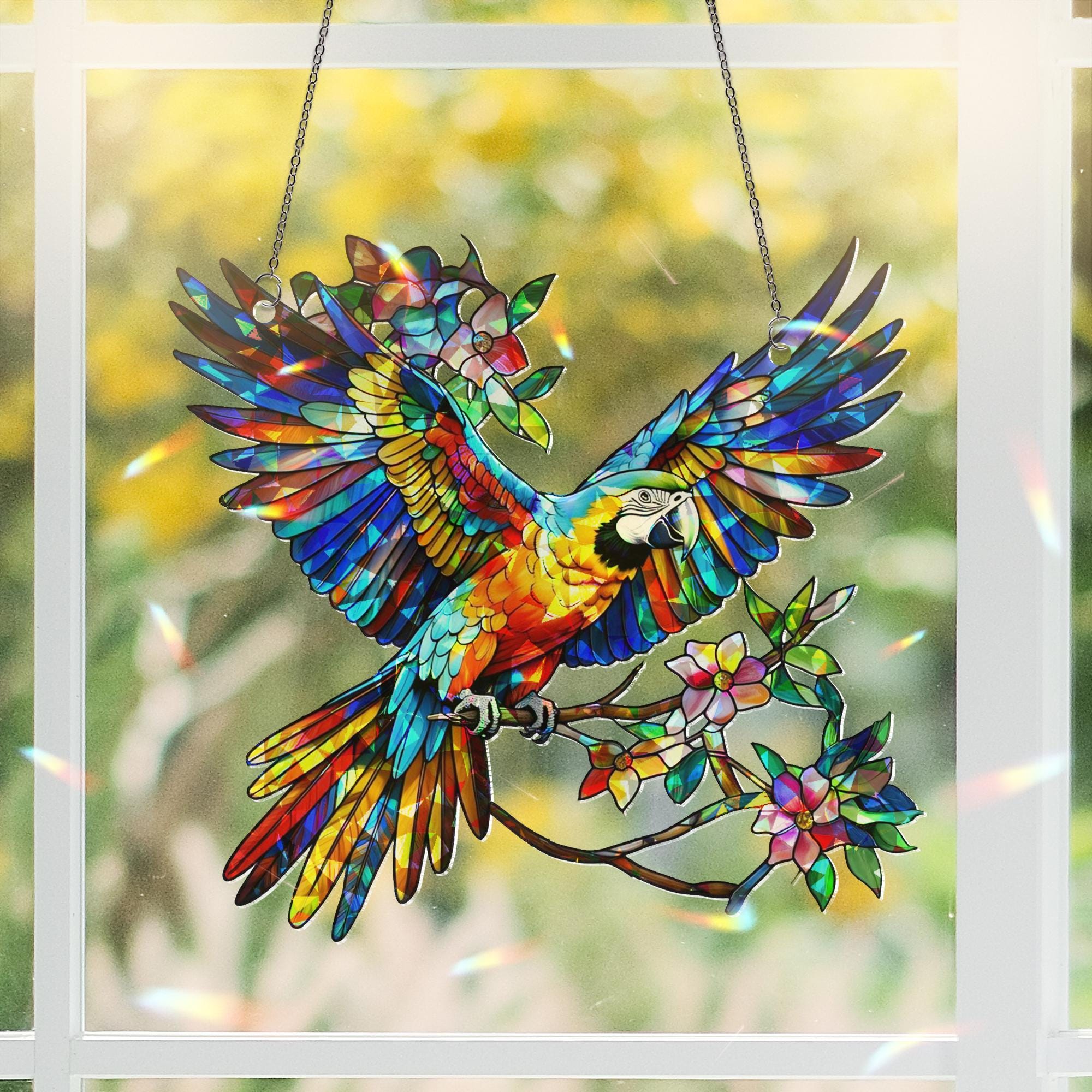 Colorful Macaw Acrylic Window Hanging – Vibrant Parrot Bird Suncatcher with Flowers, Tropical Decor, Rainbow Stained Art Panel Gift