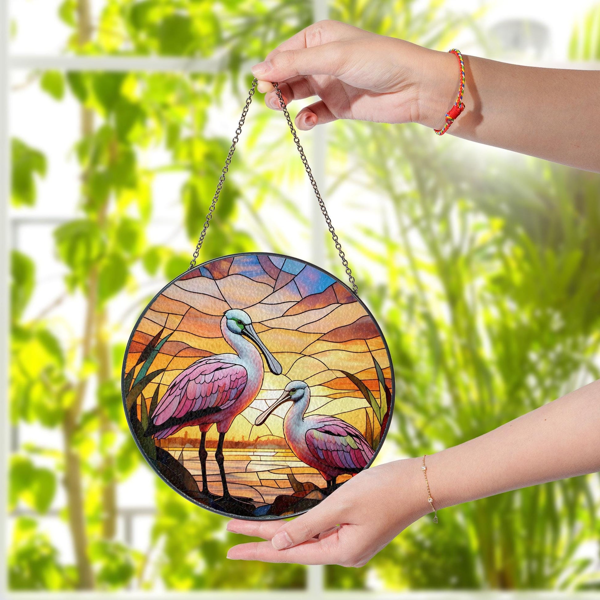 Roseate Spoonbill Glass Suncatcher – Handcrafted Sunset Bird Art Panel, Stained Glass Look Window Hanging, Coastal Nature Decor Gift