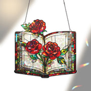 Book and Roses Hologram Acrylic Window Hanging – Stained Glass Look Floral Decor, Romantic Book Lover Gift, Literary Home Art Panel