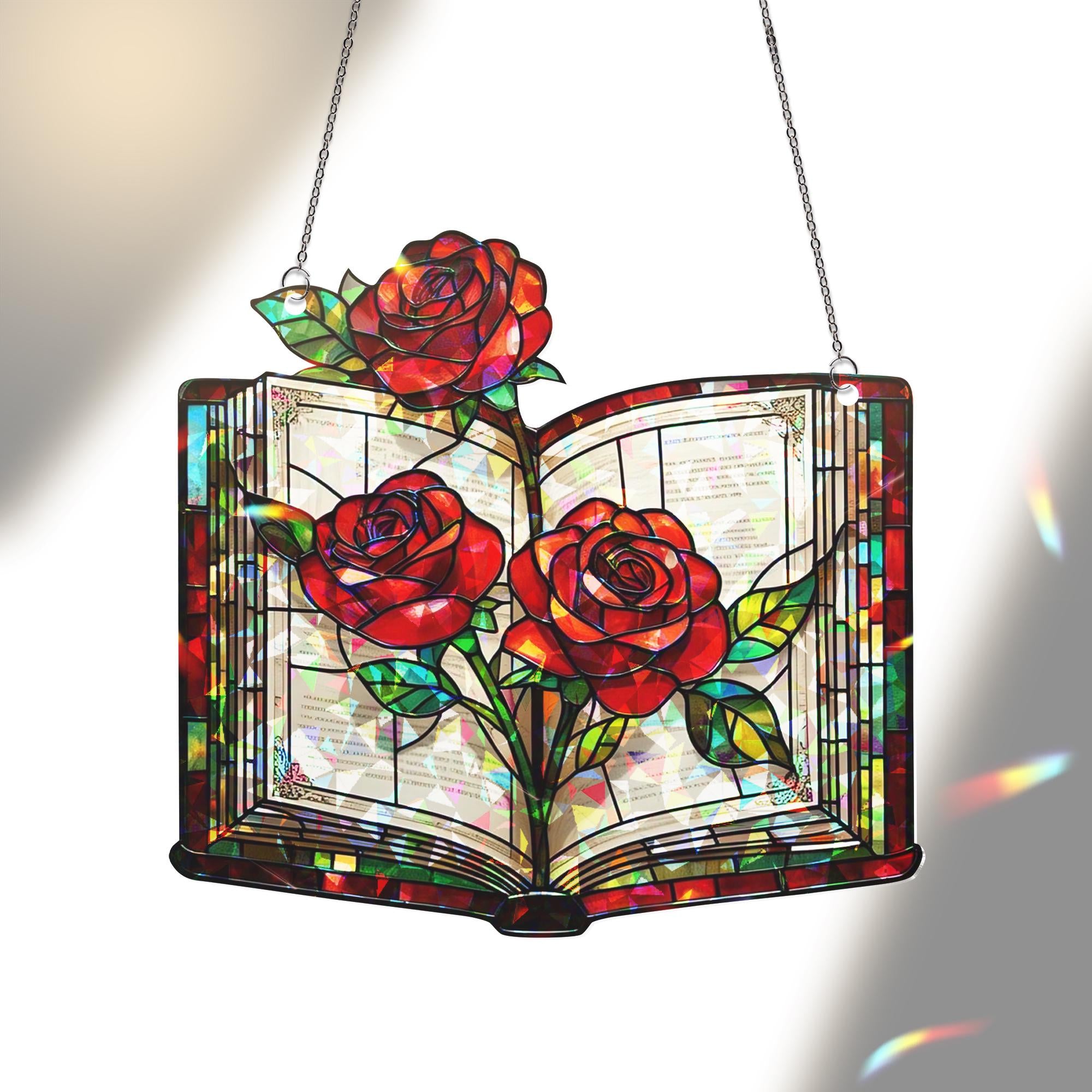 Book and Roses Hologram Acrylic Window Hanging – Stained Glass Look Floral Decor, Romantic Book Lover Gift, Literary Home Art Panel