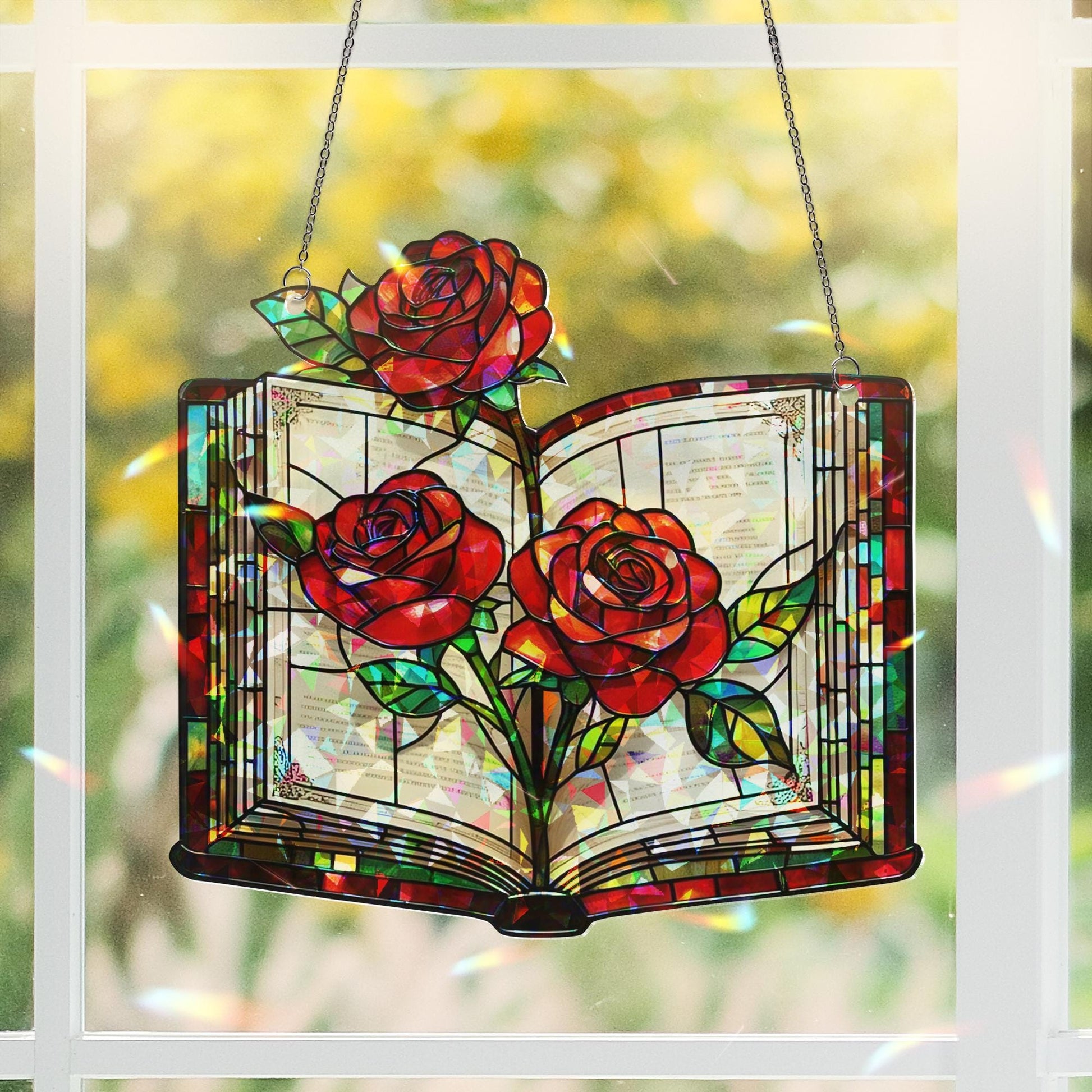 Book and Roses Hologram Acrylic Window Hanging – Stained Glass Look Floral Decor, Romantic Book Lover Gift, Literary Home Art Panel