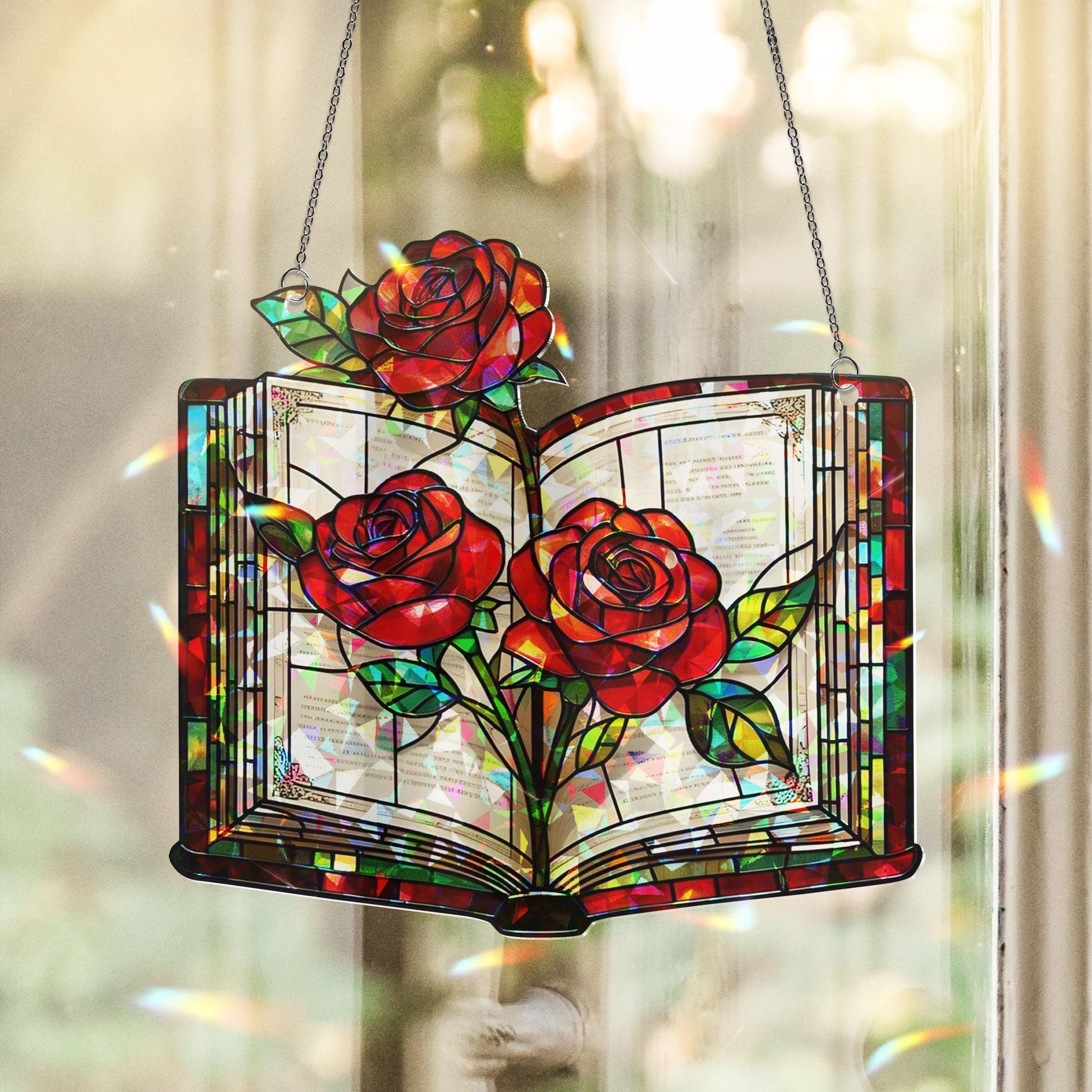 Book and Roses Hologram Acrylic Window Hanging – Stained Glass Look Floral Decor, Romantic Book Lover Gift, Literary Home Art Panel