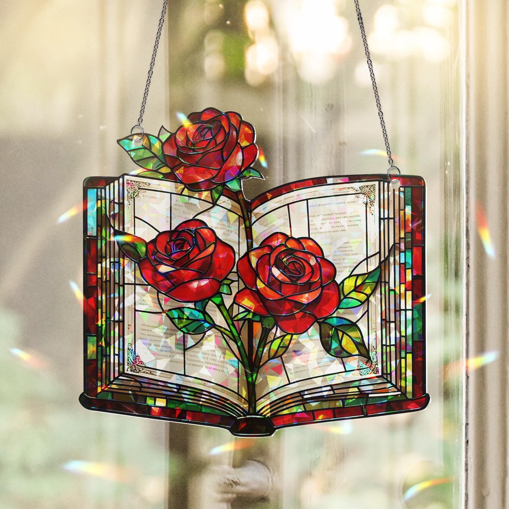 Book and Roses Hologram Acrylic Window Hanging – Stained Glass Look Floral Decor, Romantic Book Lover Gift, Literary Home Art Panel