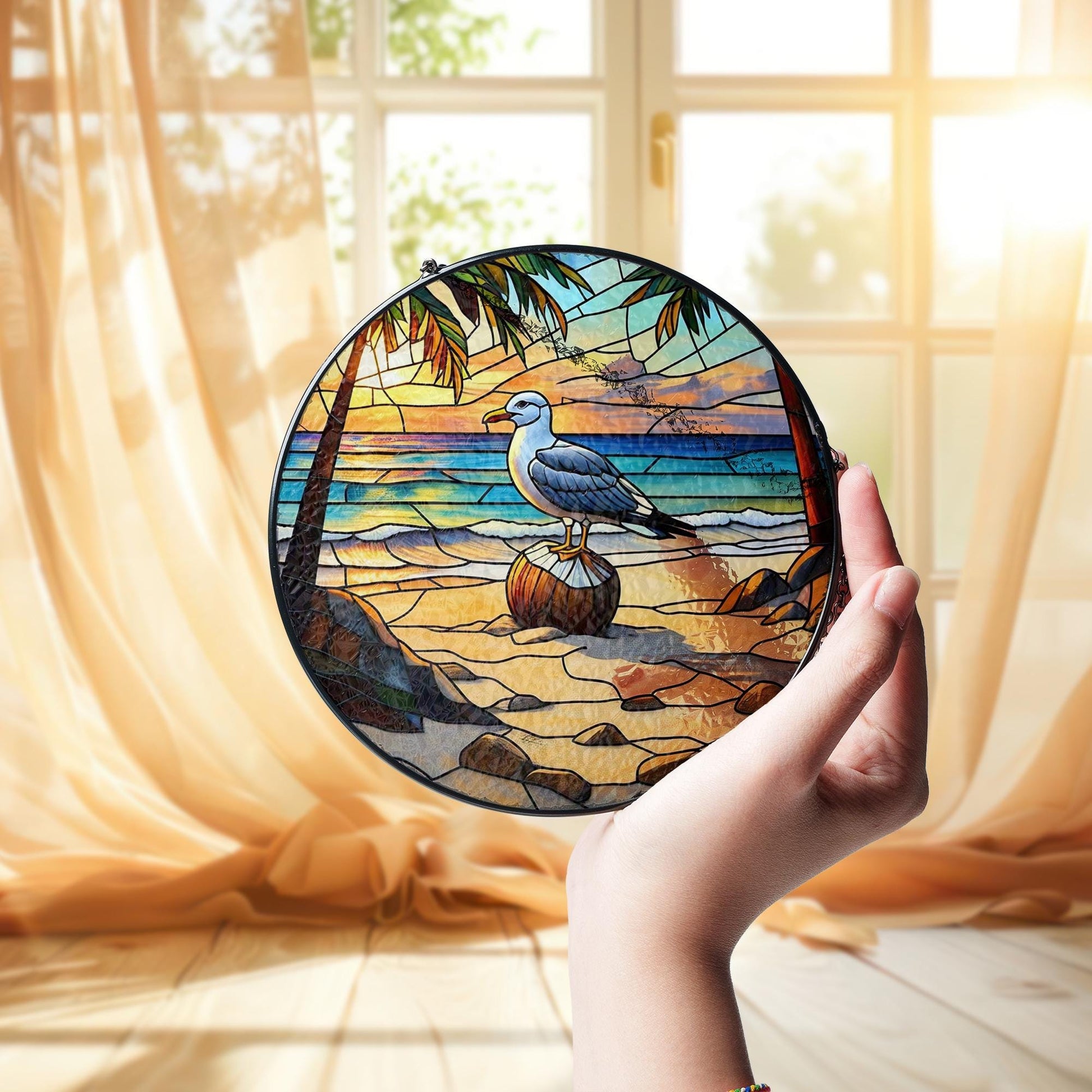 Beach Seagull Glass Suncatcher – Tropical Ocean Sunset Window Hanging, Coastal Decor Gift, Nautical Stained Glass Art Panel