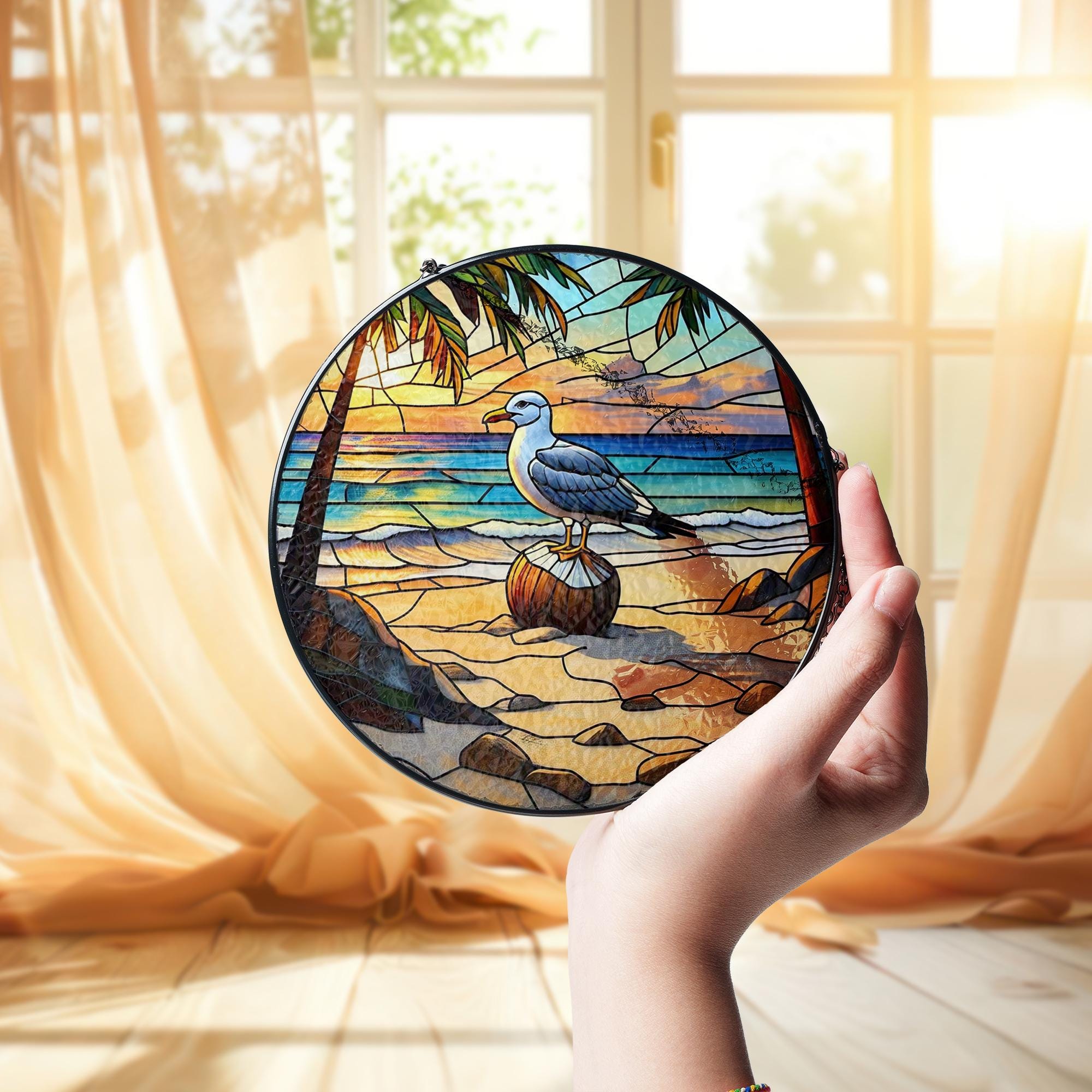 Beach Seagull Glass Suncatcher – Tropical Ocean Sunset Window Hanging, Coastal Decor Gift, Nautical Stained Glass Art Panel