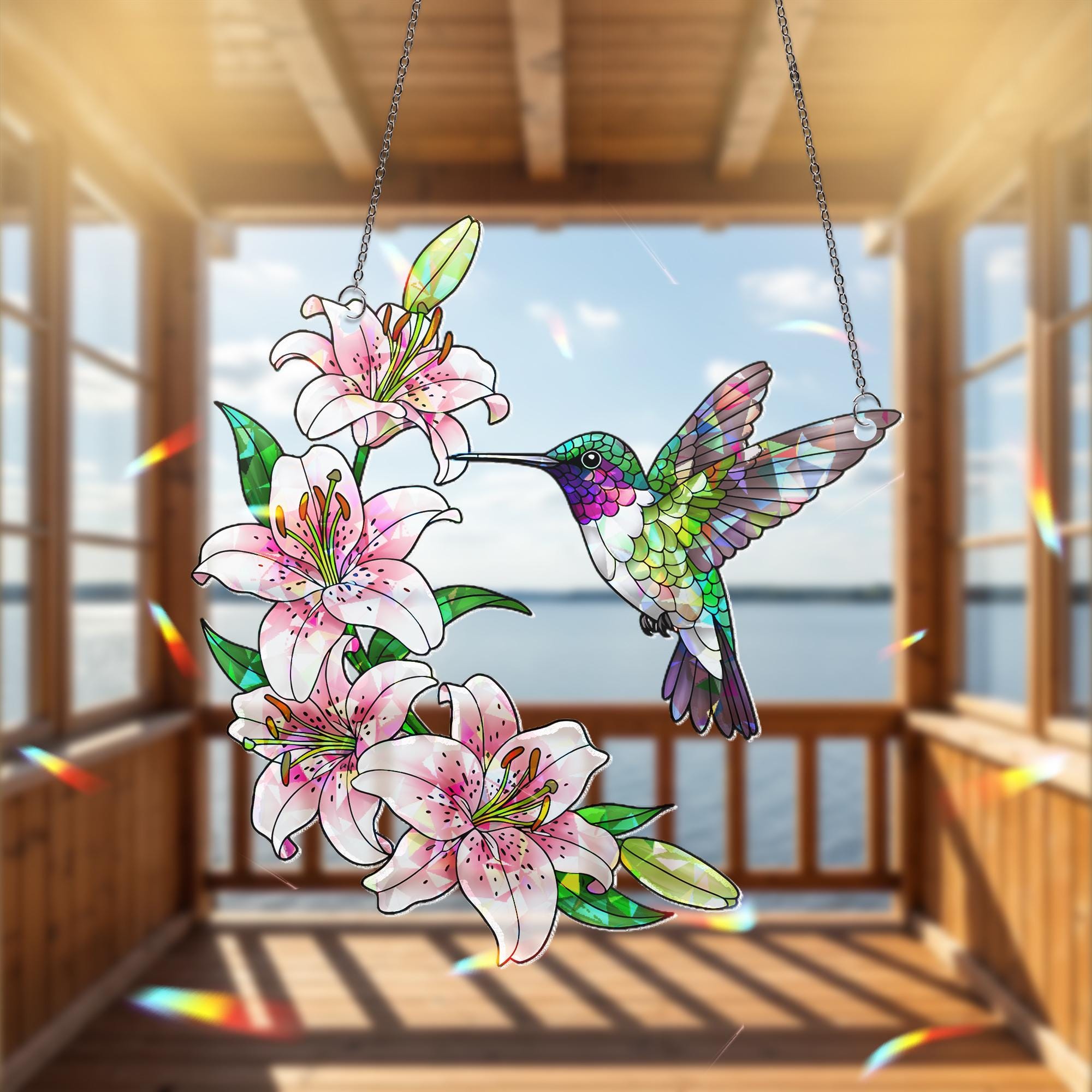 Hummingbird and Lily Suncatcher, Holographic Acrylic Window Decor, Pink Stargazer Floral Gift, Spring Garden Hanging Art, Garden Decor