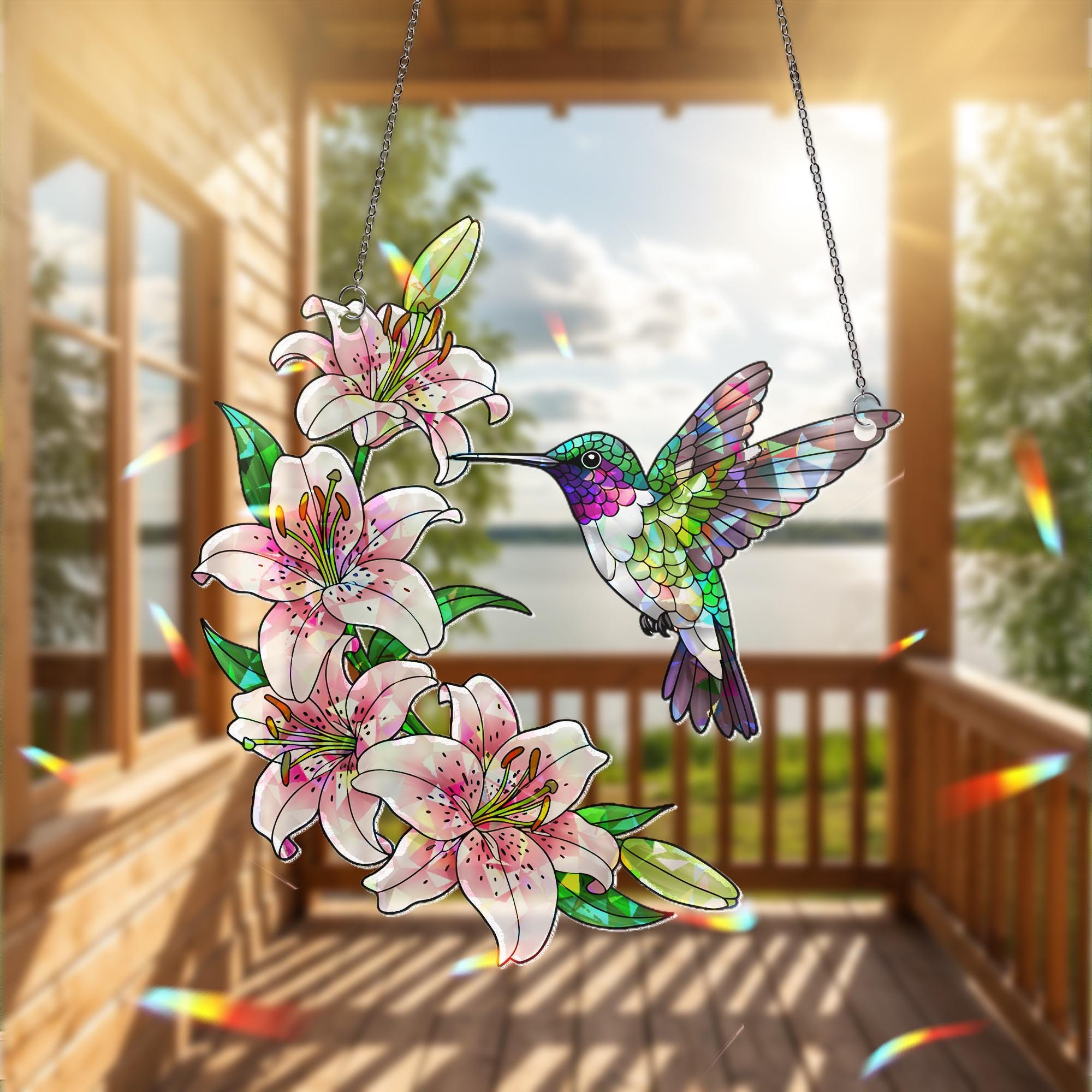 Hummingbird and Lily Suncatcher, Holographic Acrylic Window Decor, Pink Stargazer Floral Gift, Spring Garden Hanging Art, Garden Decor