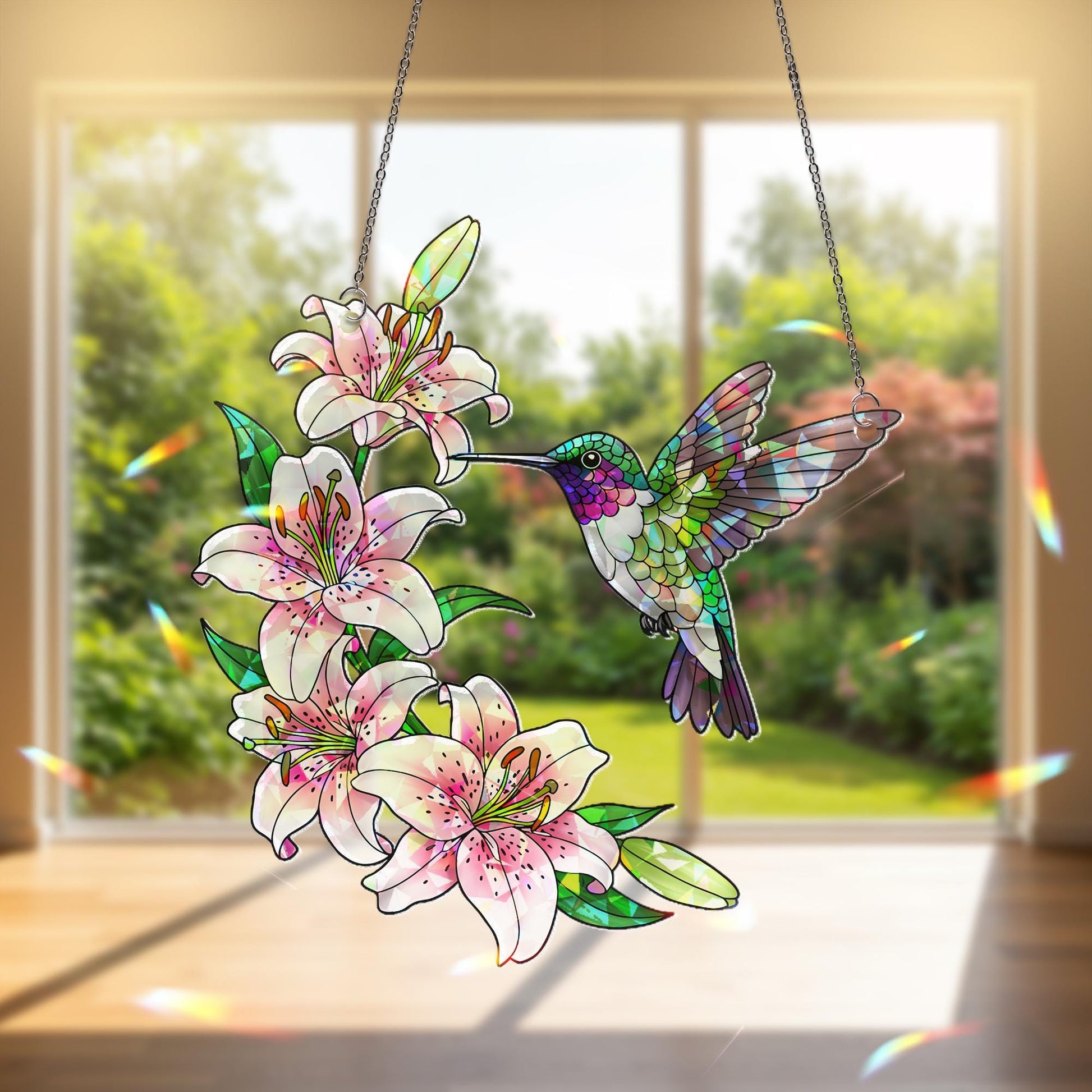Hummingbird and Lily Suncatcher, Holographic Acrylic Window Decor, Pink Stargazer Floral Gift, Spring Garden Hanging Art, Garden Decor